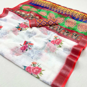 White & Red Floral Digital Printed Linen Saree With Zari Border