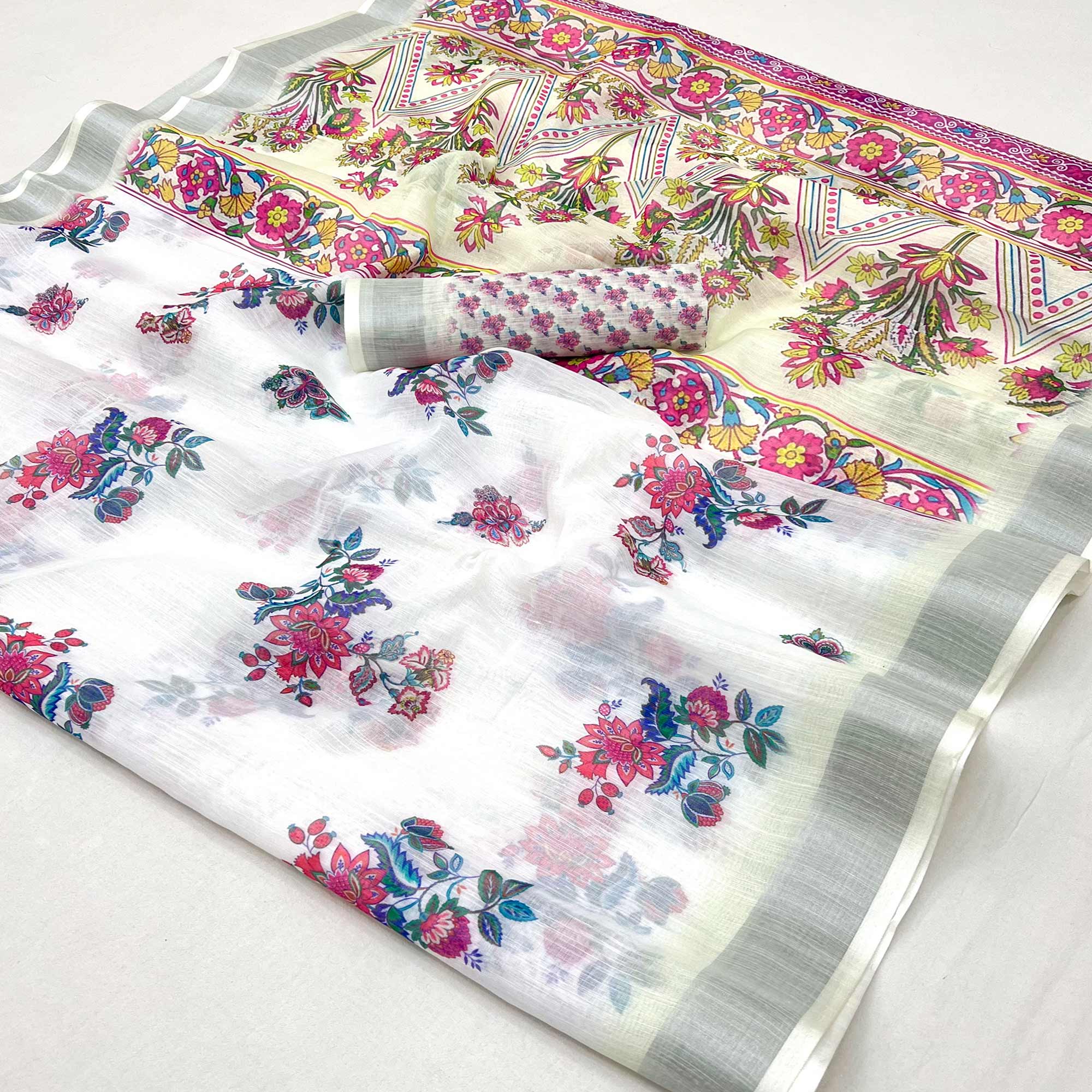 White Floral Digital Printed Linen Saree With Zari Border