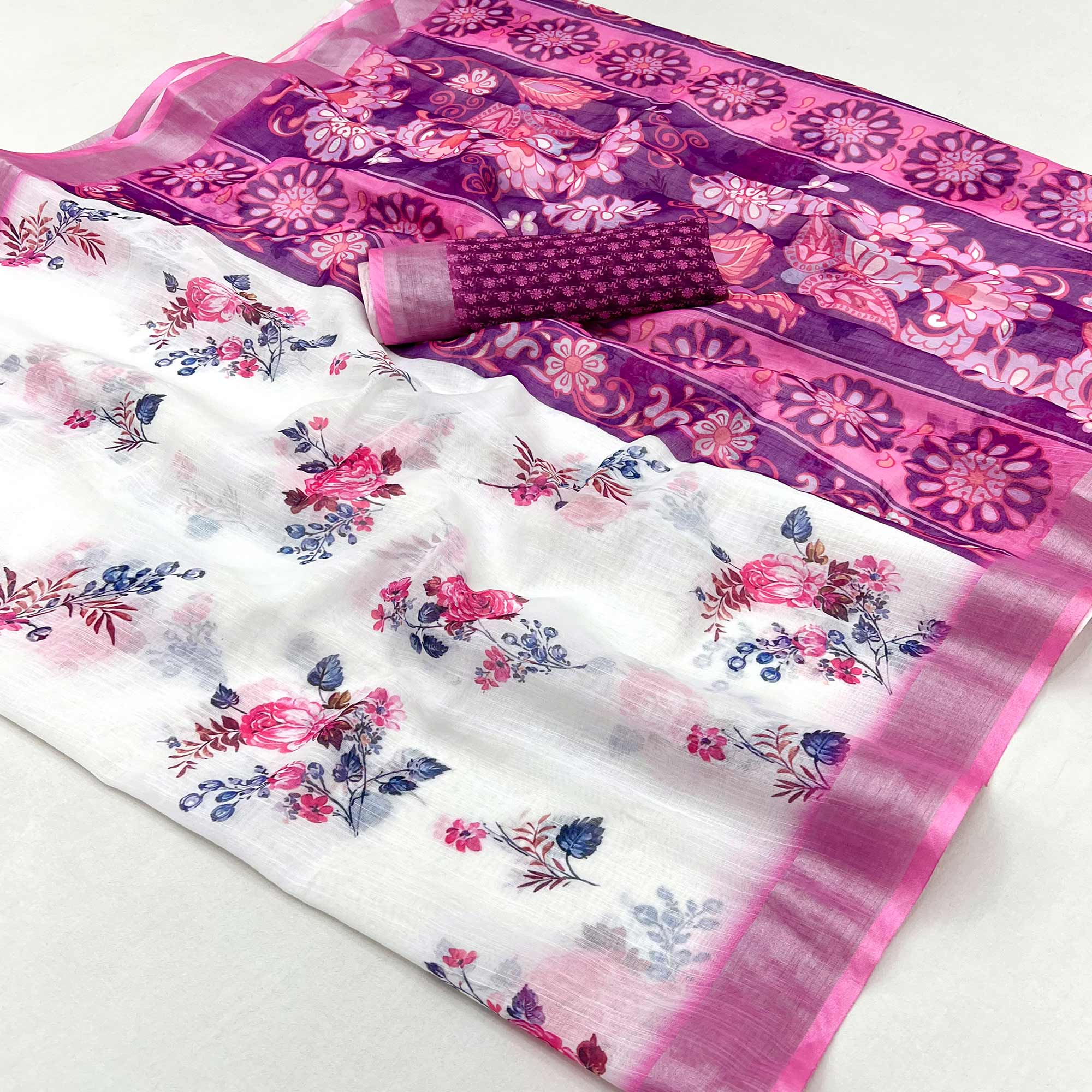 White & Pink Floral Digital Printed Linen Saree With Zari Border