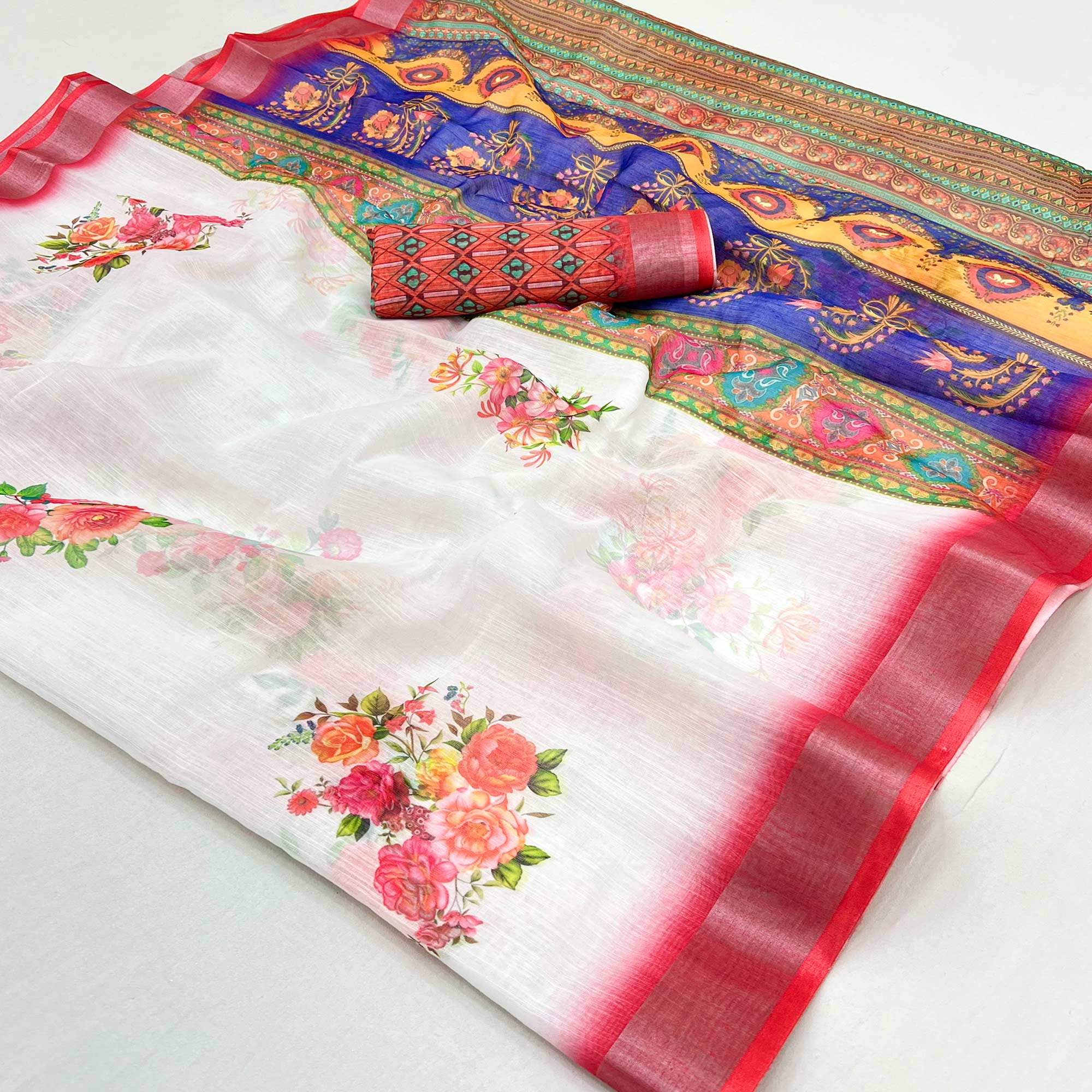 White & Red Floral Digital Printed Linen Saree With Zari Border