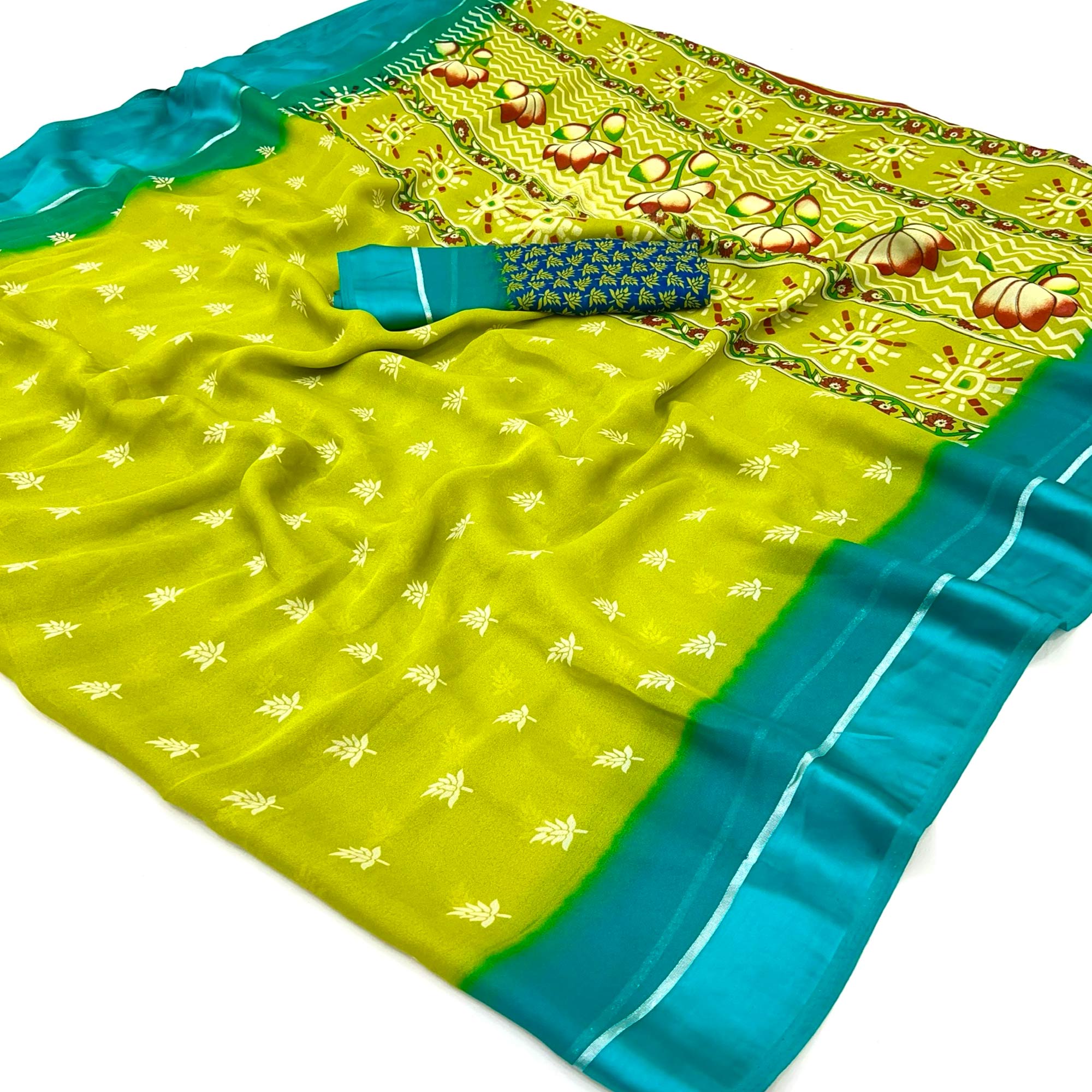 Green Floral Printed Georgette Saree With Zari Border