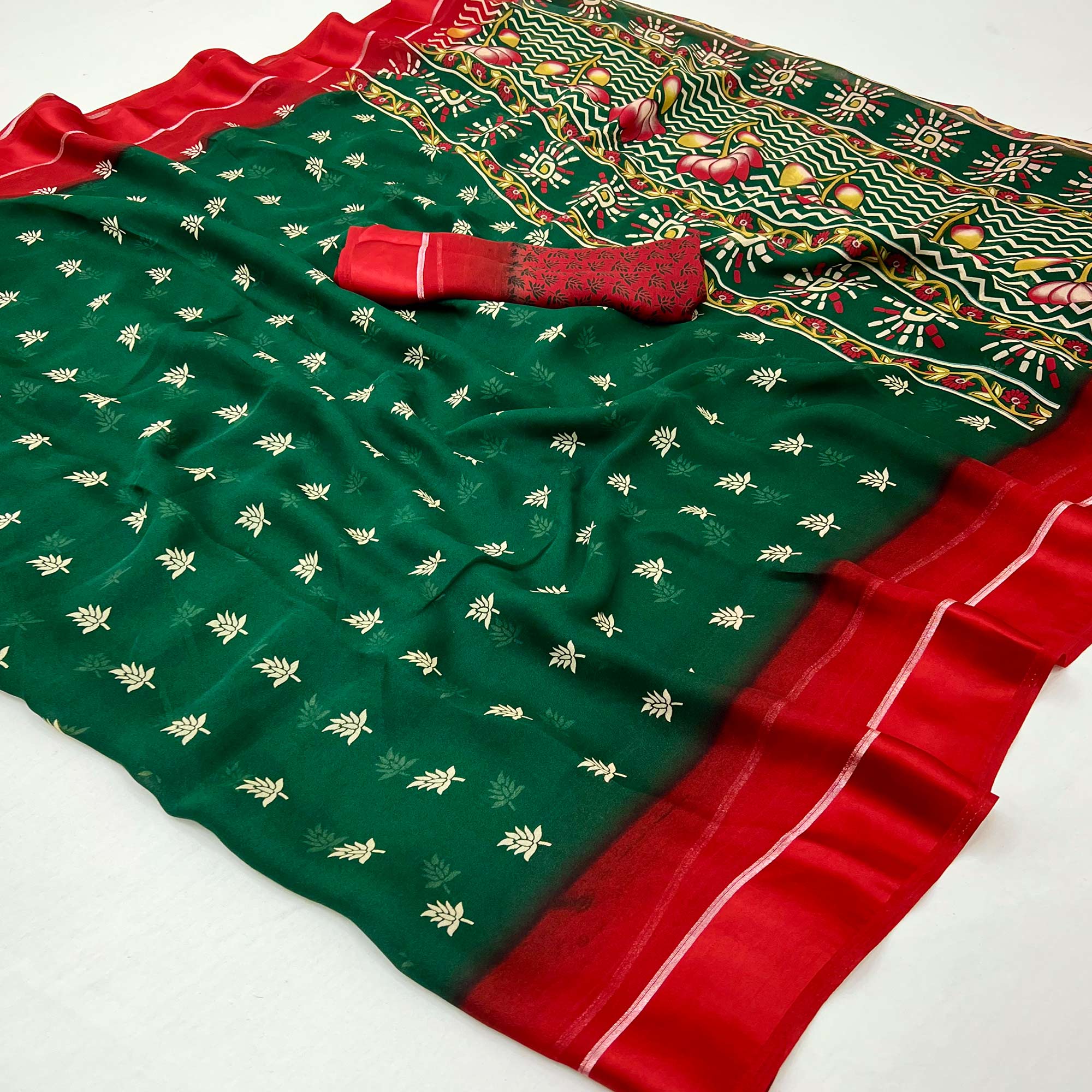 Green Floral Printed Georgette Saree With Zari Border