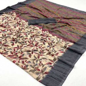 Beige & Grey Floral Printed Georgette Saree