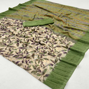 Beige & Green Floral Printed Georgette Saree