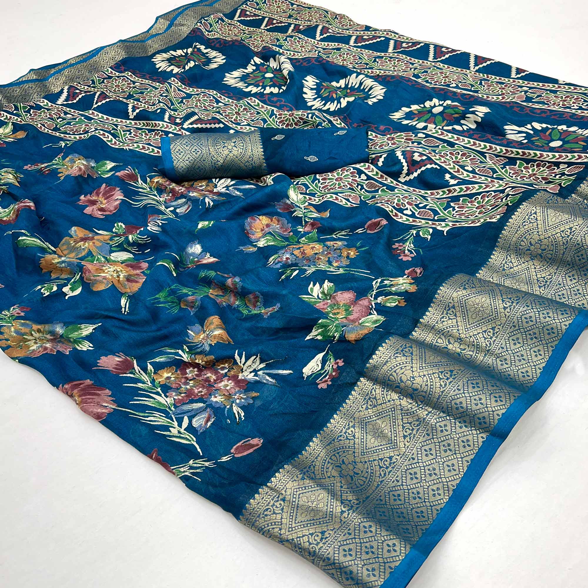 Blue Floral Printed Dola Silk Saree With Zari Border