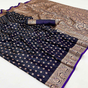 Blue Floral Woven Satin Silk Saree With Zari Border