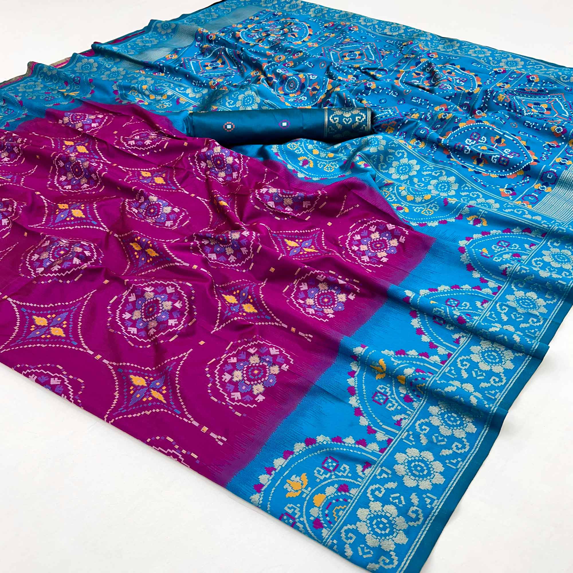 Purple & Blue Floral Woven Pure Silk Saree
