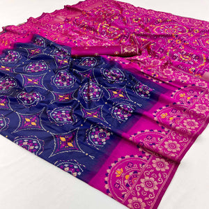 Navy Blue & Pink Floral Woven Pure Silk Saree
