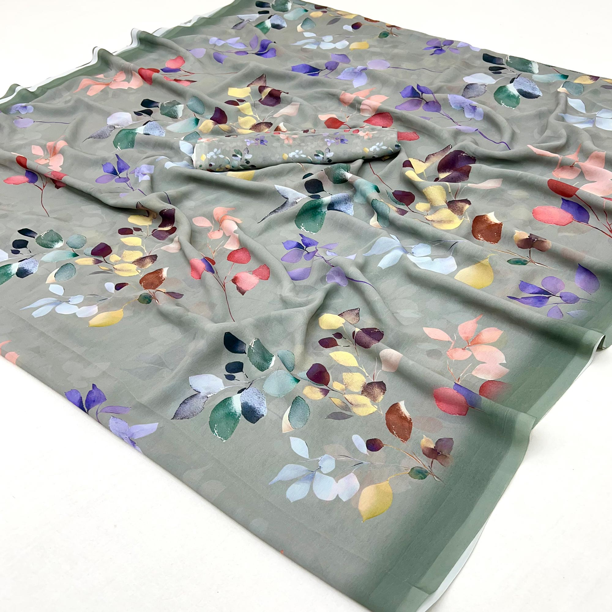 Grey Floral Digital Printed Georgette Saree