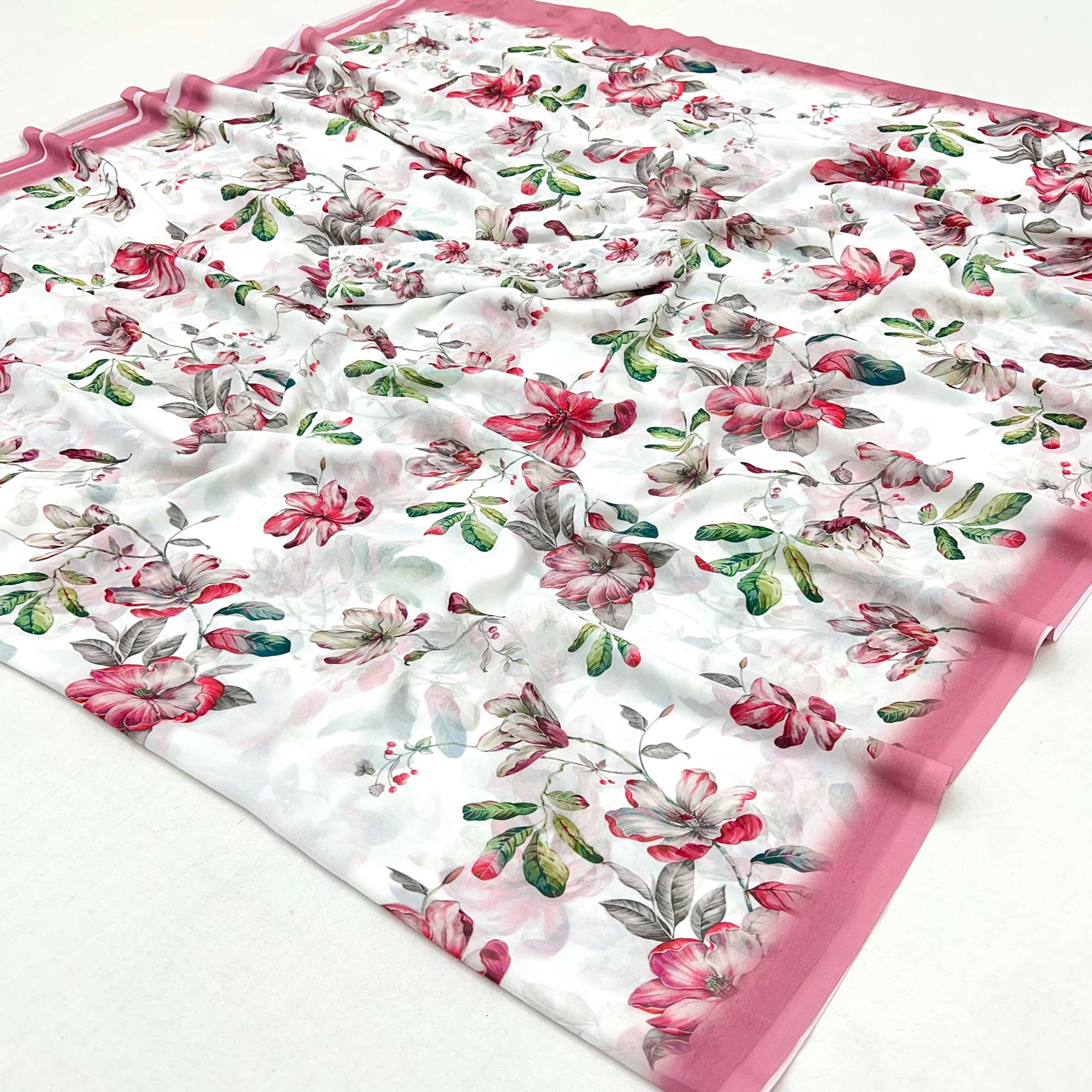 White Floral Digital Printed Georgette Saree