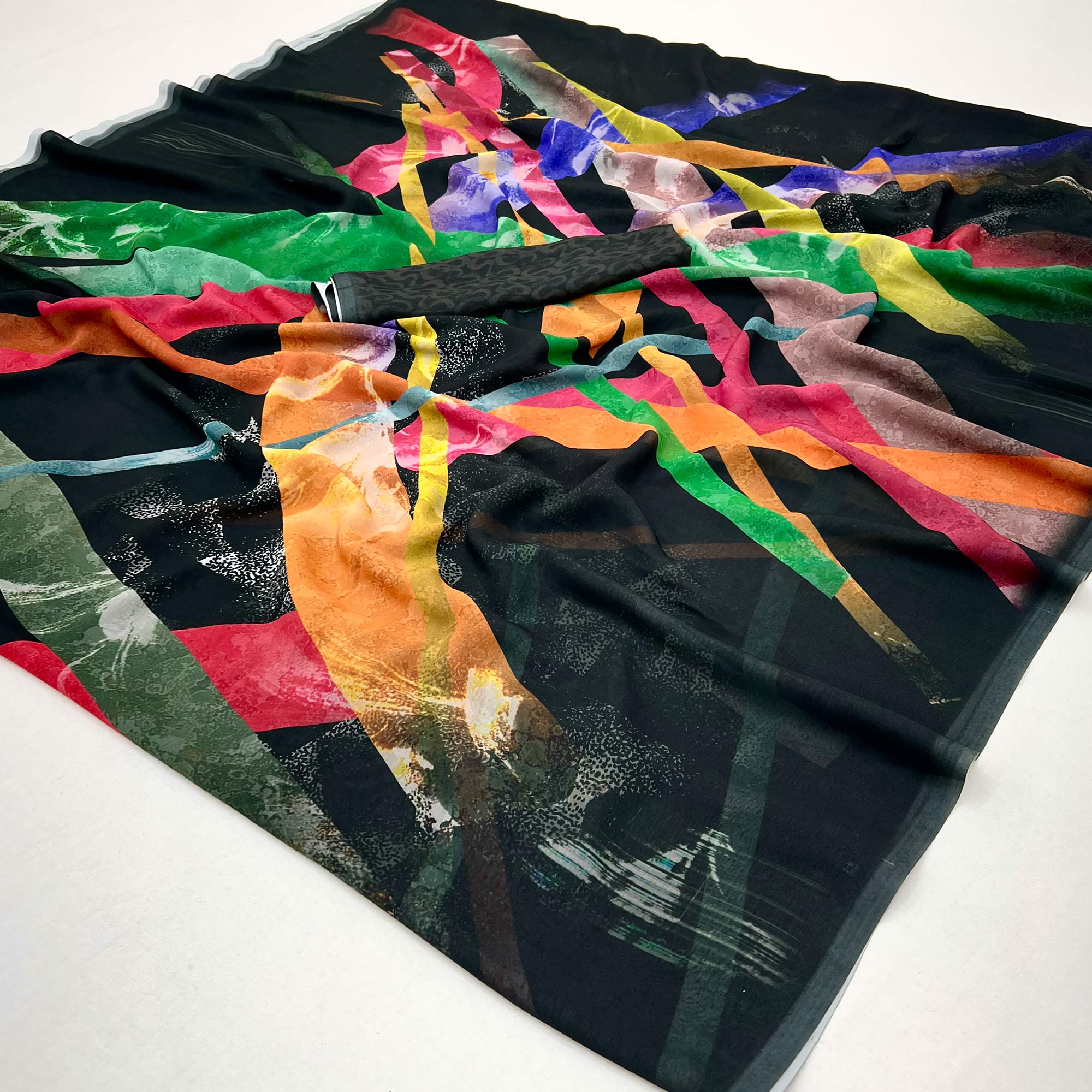 Black Floral Digital Printed Georgette Saree