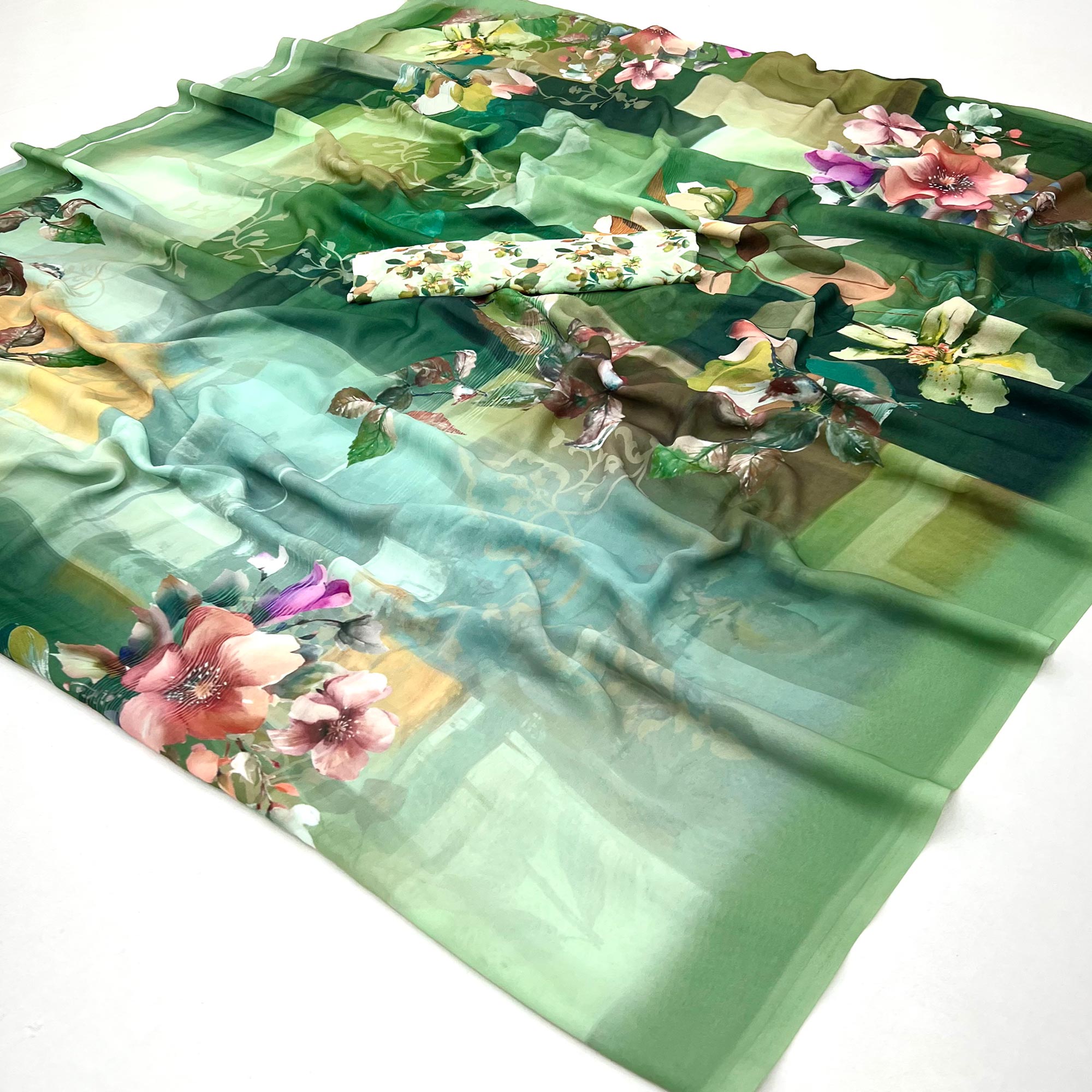 Green Floral Digital Printed Georgette Saree