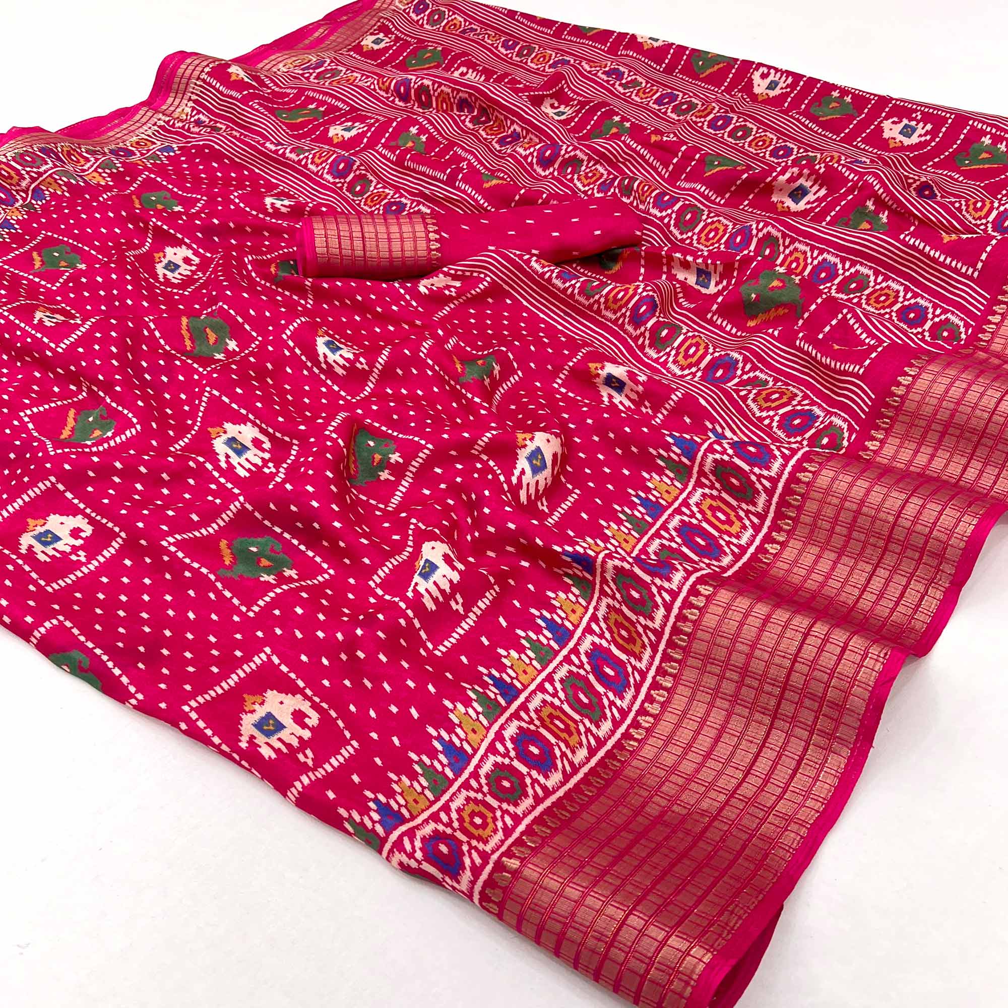 Pink Printed Georgette Saree With Woven Border