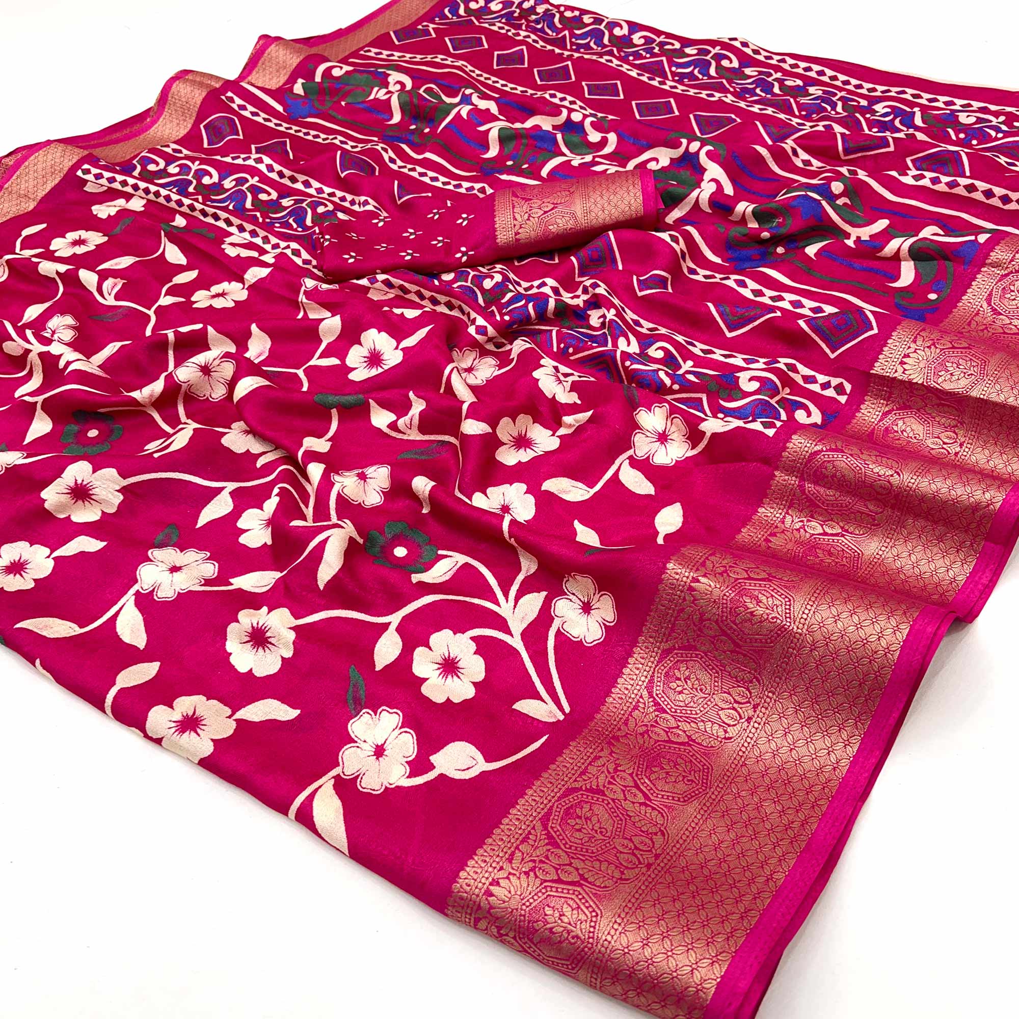 Pink Floral Printed Georgette Saree With Woven Border