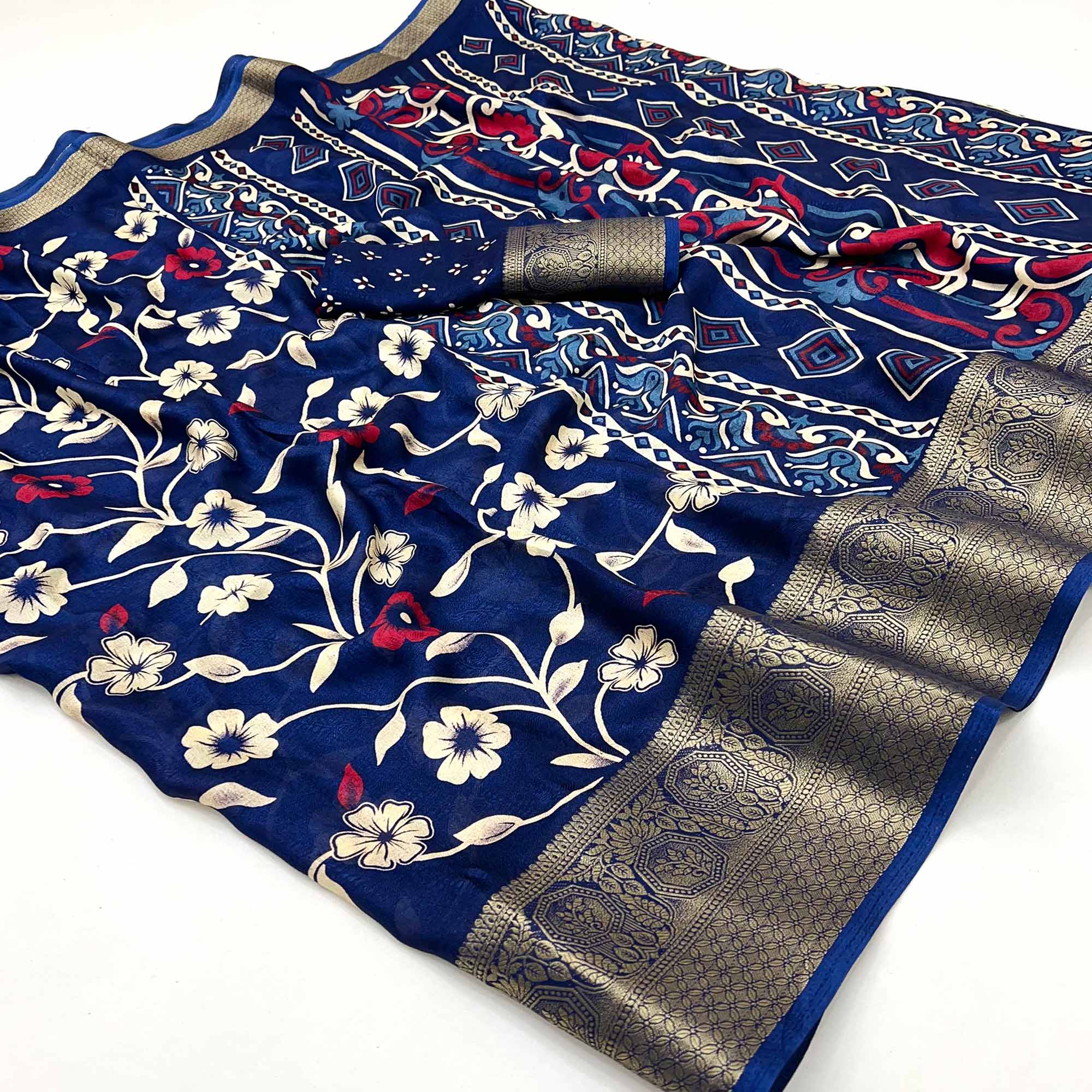 Blue Floral Printed Georgette Saree With Woven Border