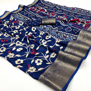 Blue Floral Printed Georgette Saree With Woven Border