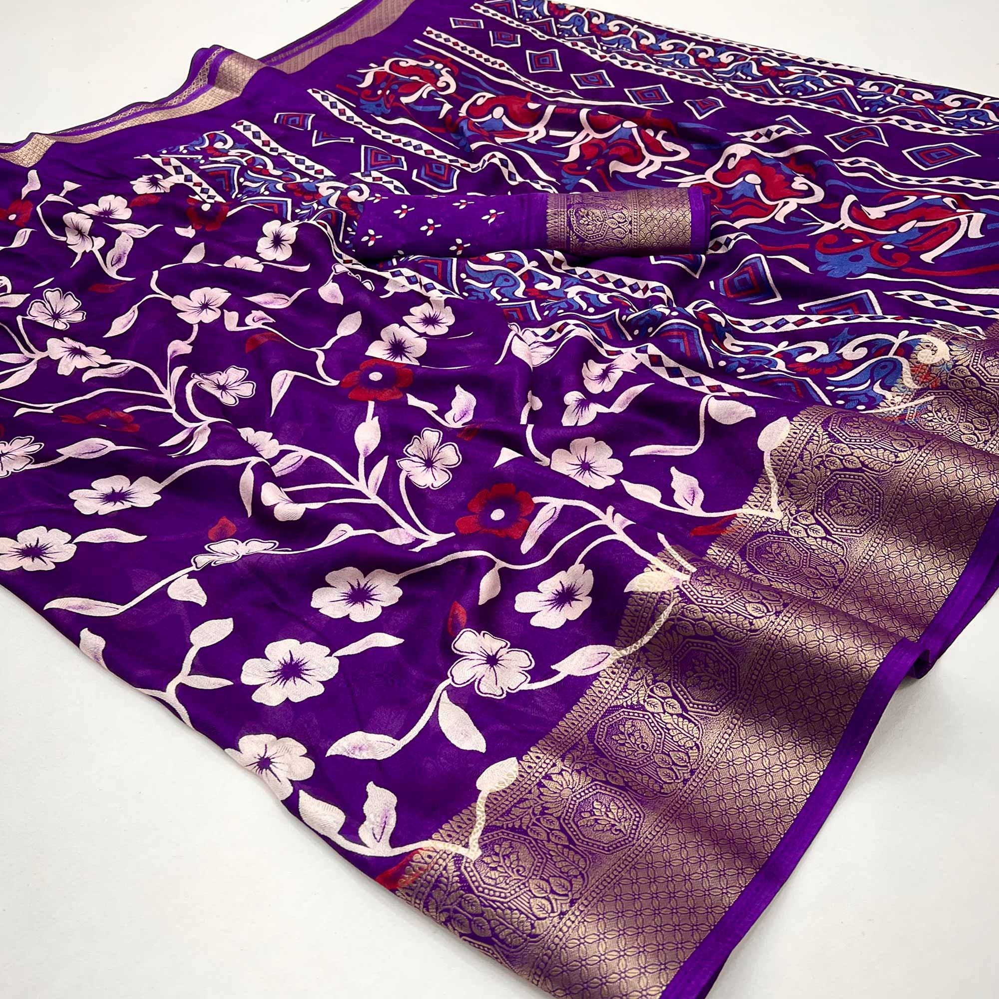 Purple Floral Printed Georgette Saree With Woven Border
