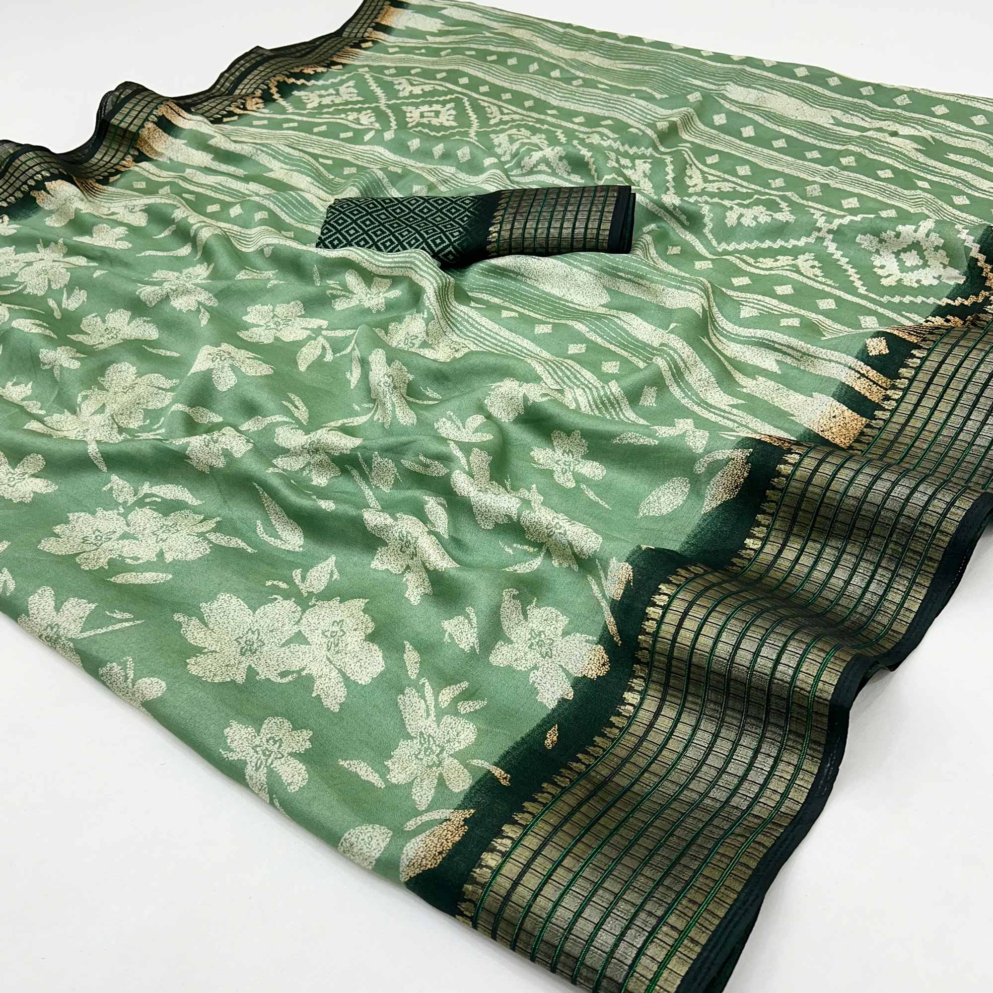 Green Floral Printed Georgette Saree With Woven Border