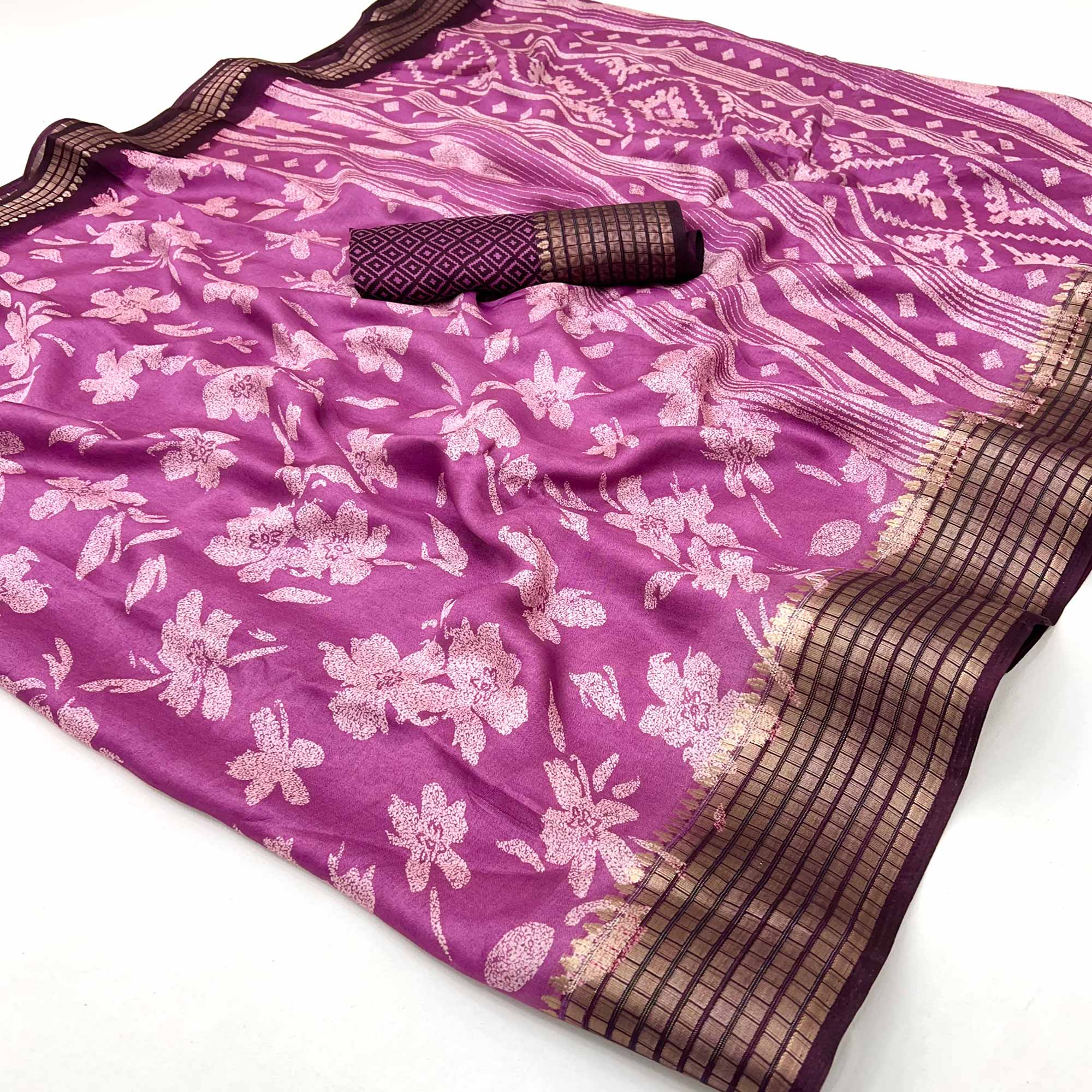Pink Floral Printed Georgette Saree With Woven Border