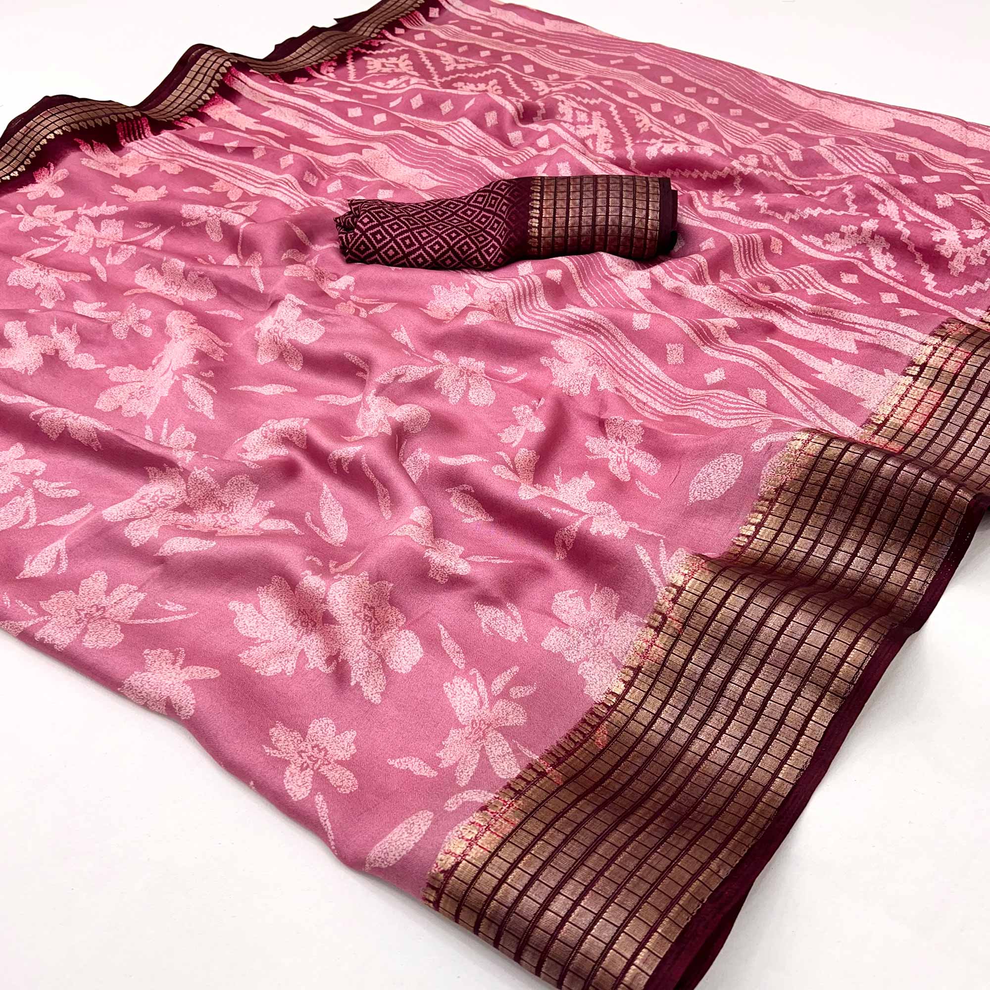 Pink Floral Printed Georgette Saree With Woven Border
