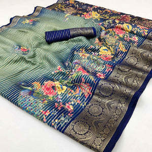 Blue & Green Floral Woven With Printed Georgette Saree