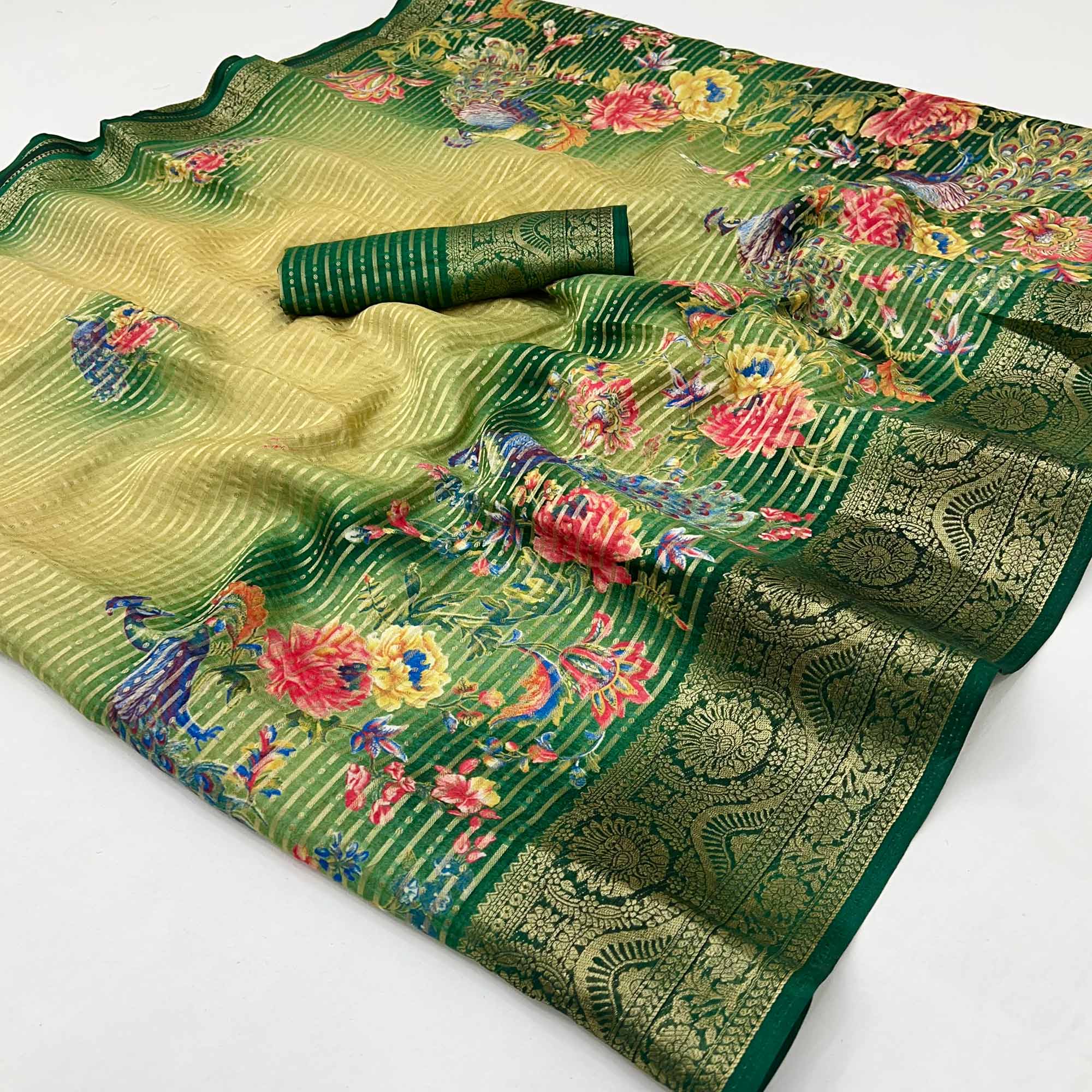 Green & Yellow Floral Woven With Printed Georgette Saree