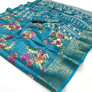 Blue Floral Woven With Printed Georgette Saree