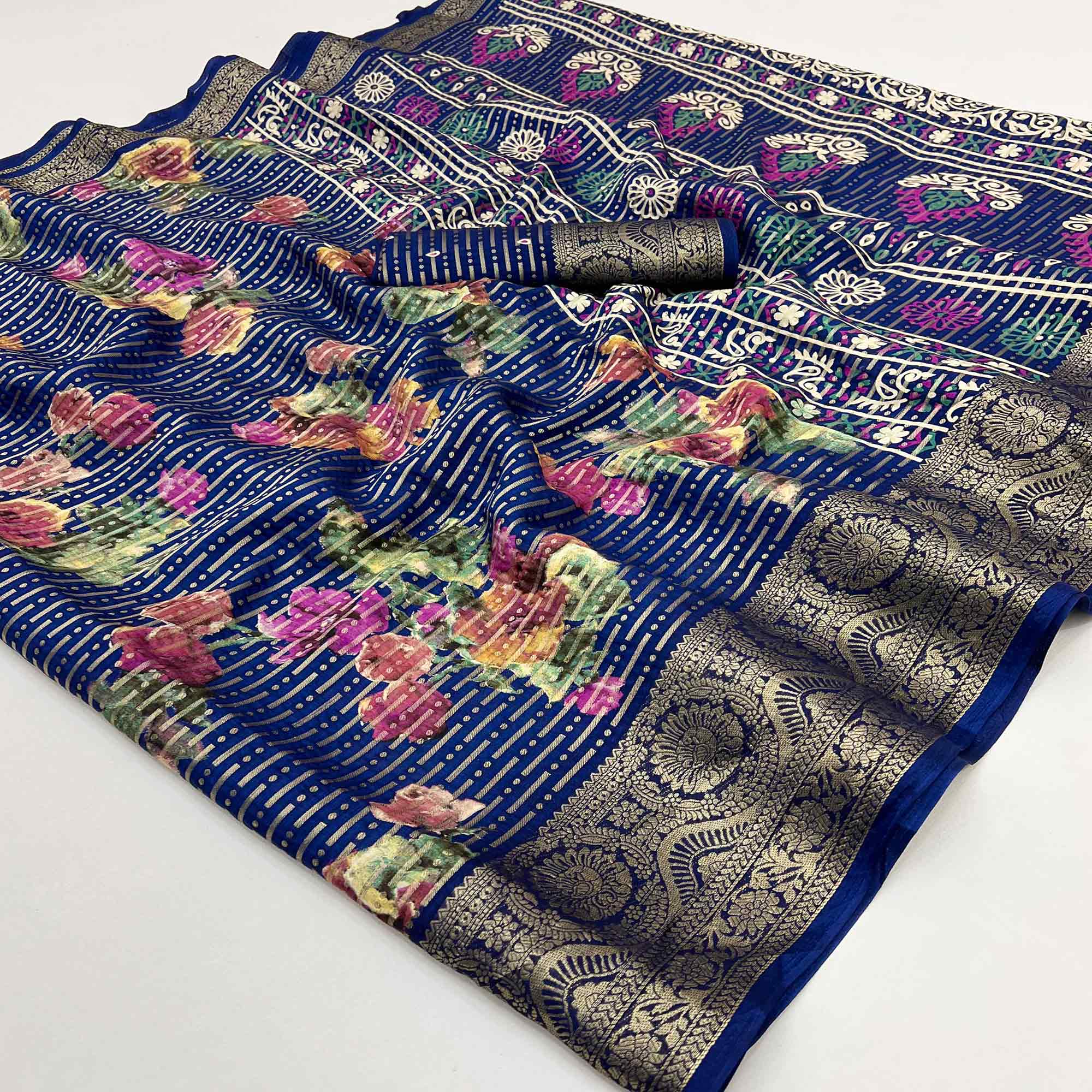 Navy Blue Floral Woven With Printed Georgette Saree
