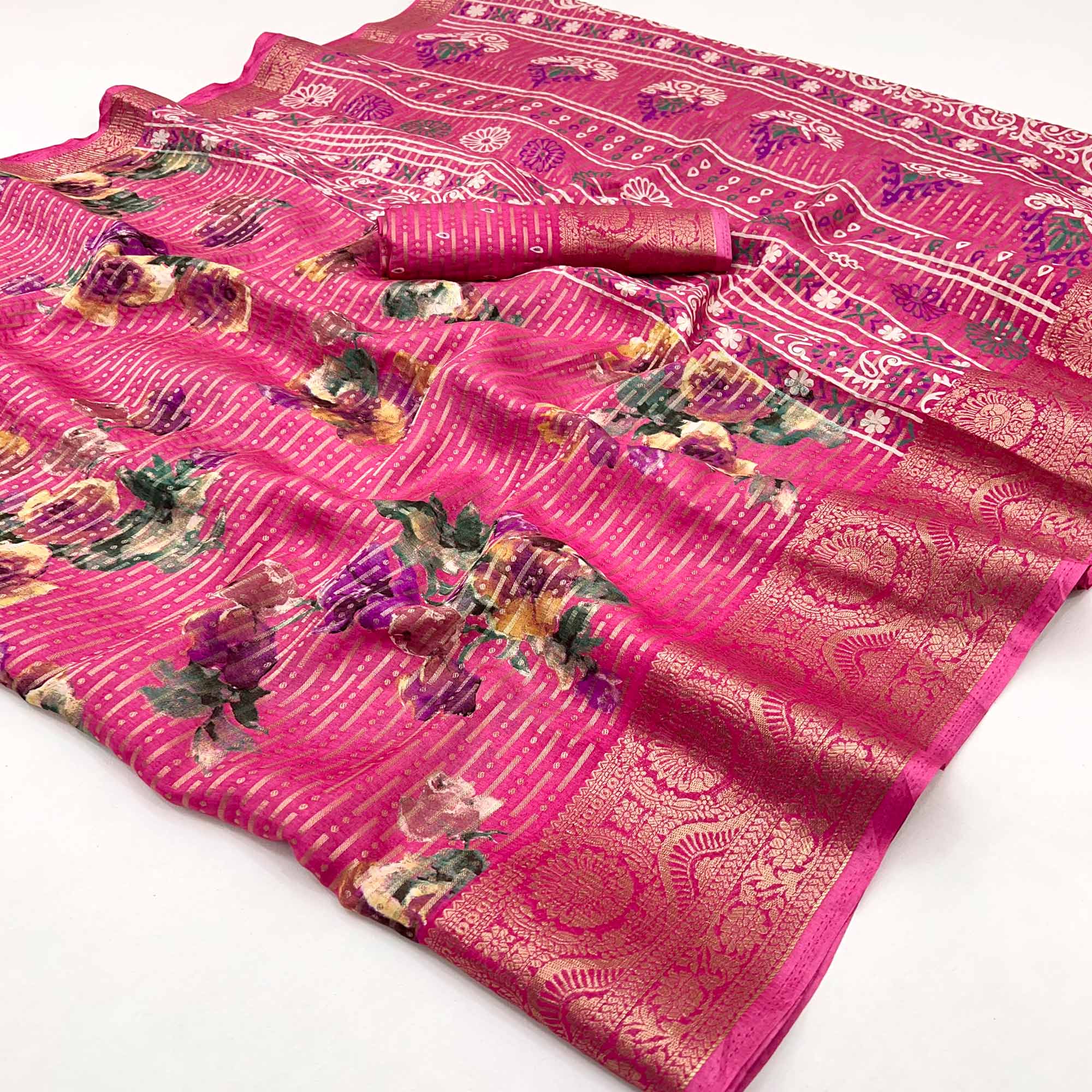 Pink Floral Woven With Printed Georgette Saree
