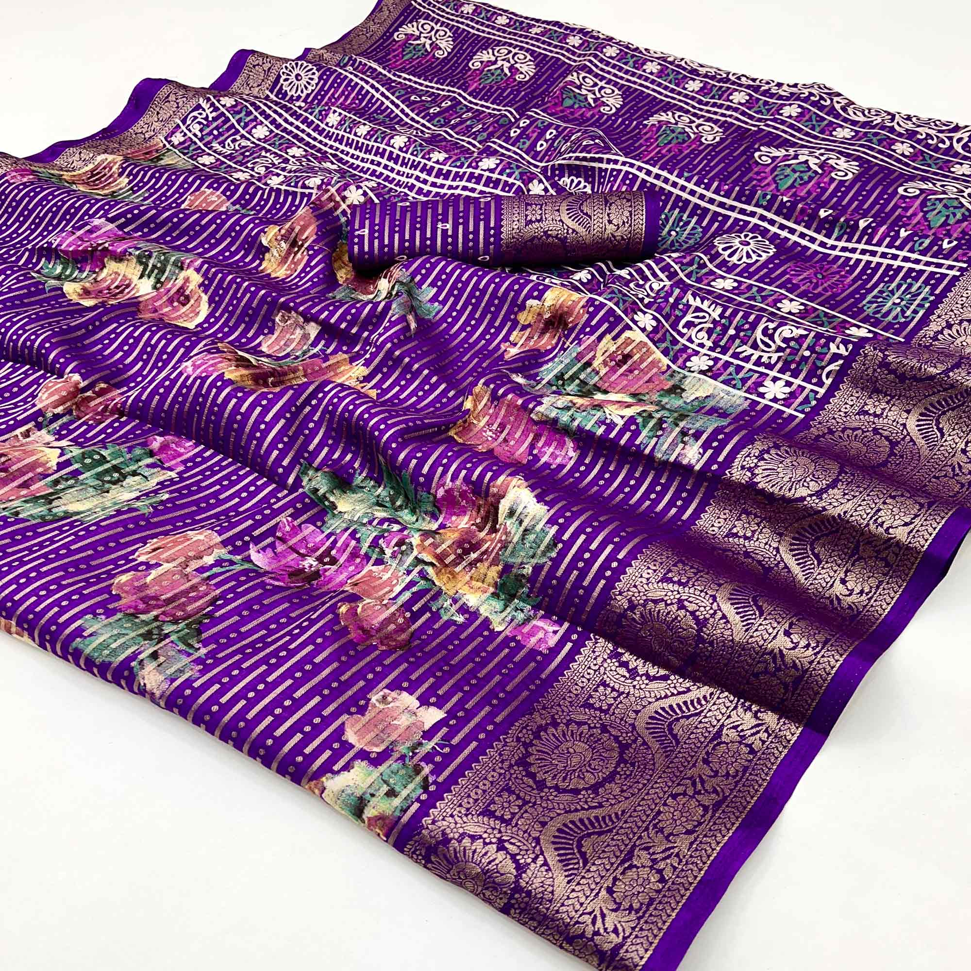 Purple Floral Woven With Printed Georgette Saree