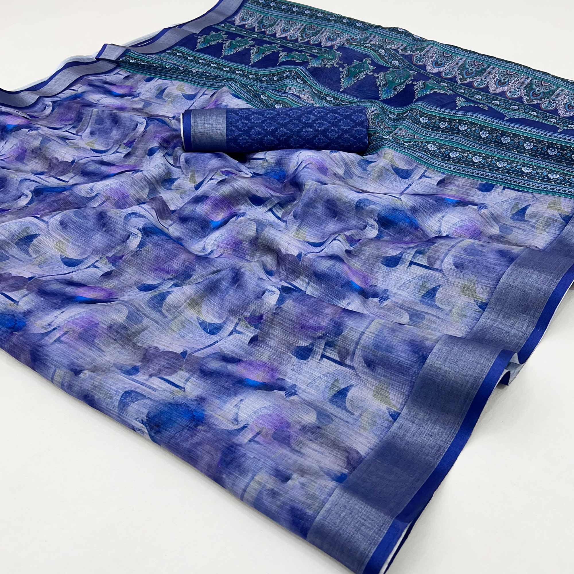Blue Digital Printed Linen Saree With Woven Border