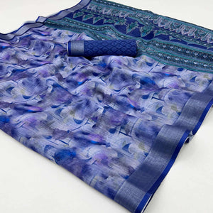 Blue Digital Printed Linen Saree With Woven Border
