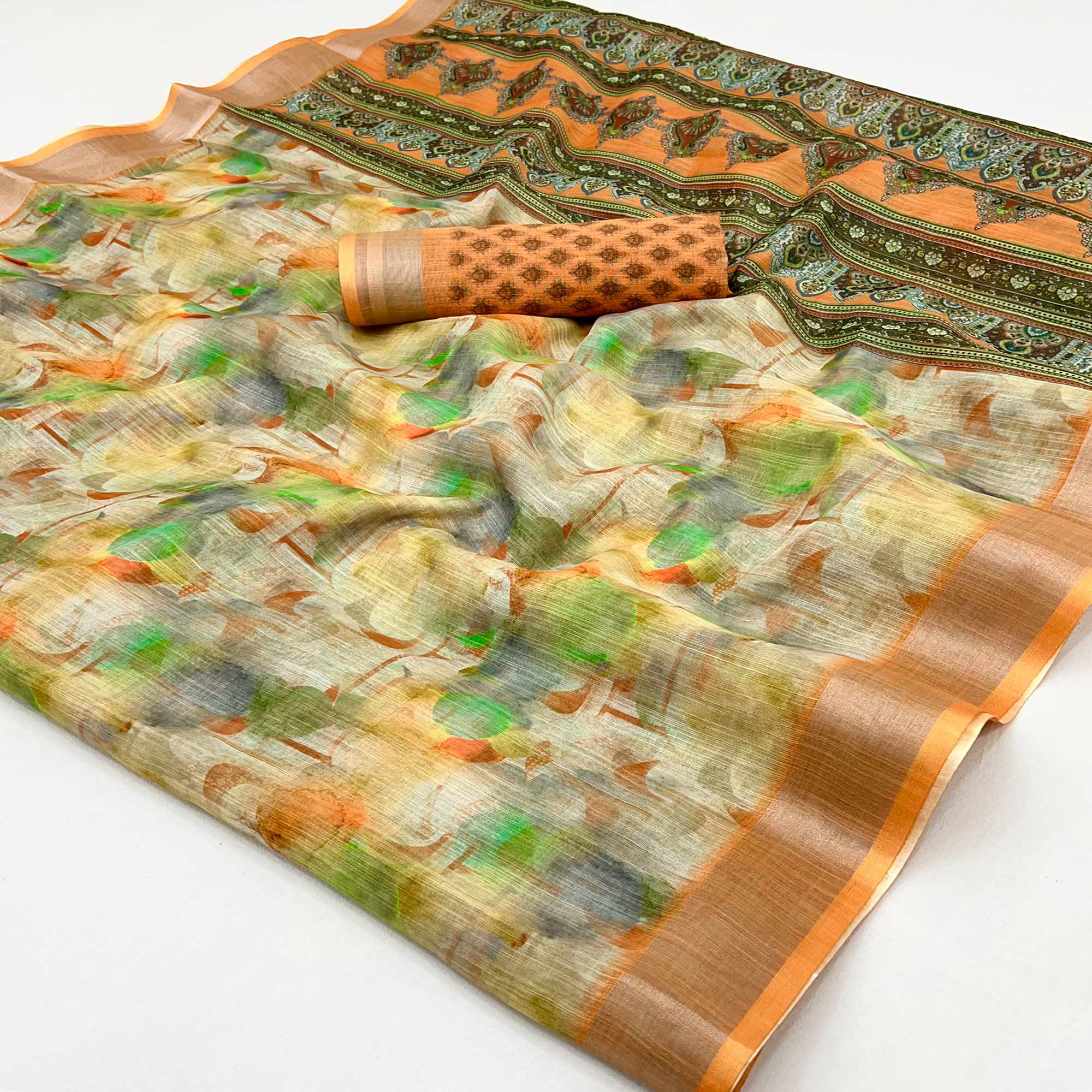 Orange Digital Printed Linen Saree With Woven Border