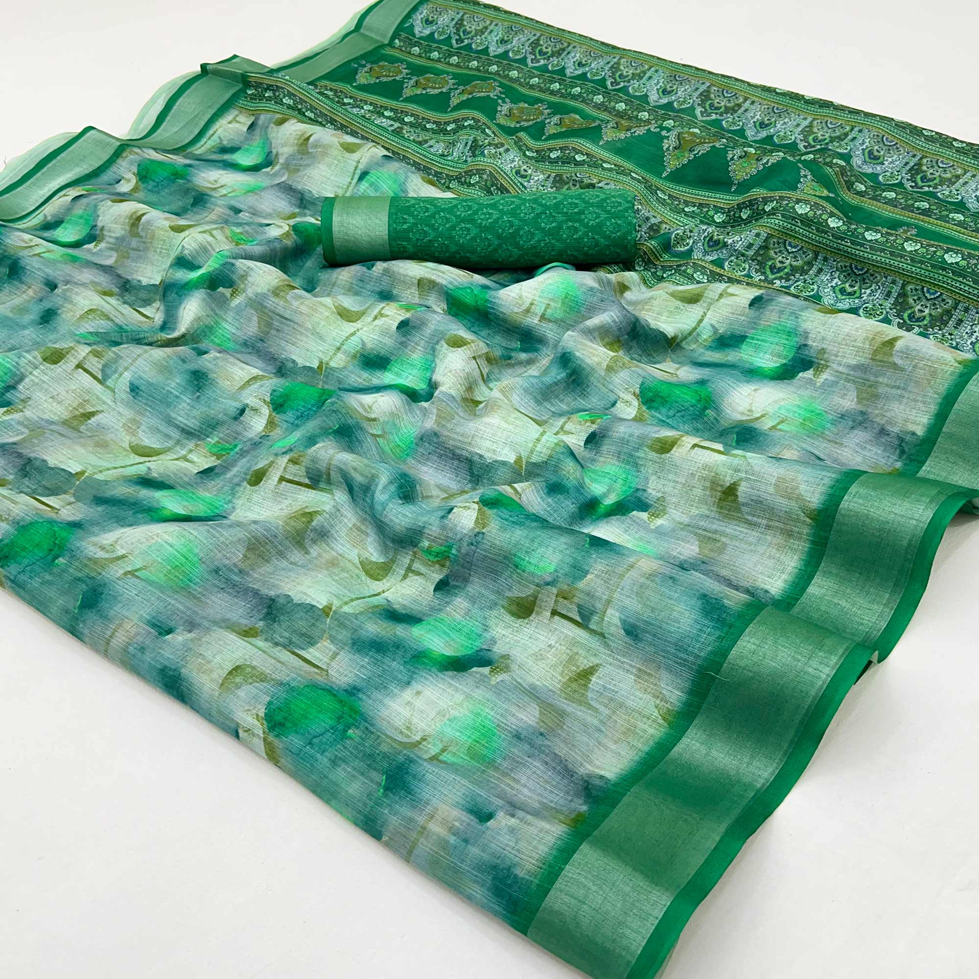 Green Digital Printed Linen Saree With Woven Border