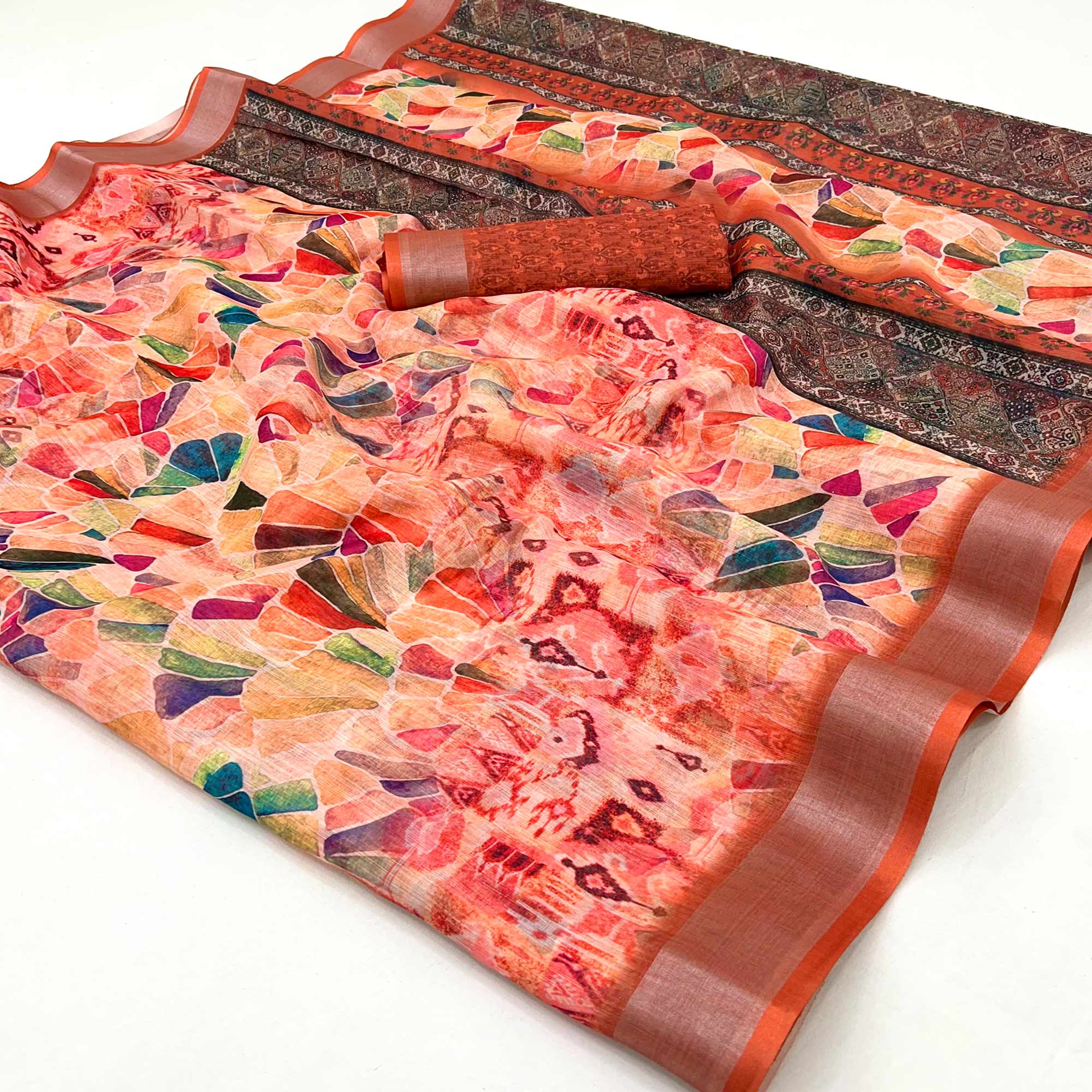 Orange Digital Printed Linen Saree With Woven Border