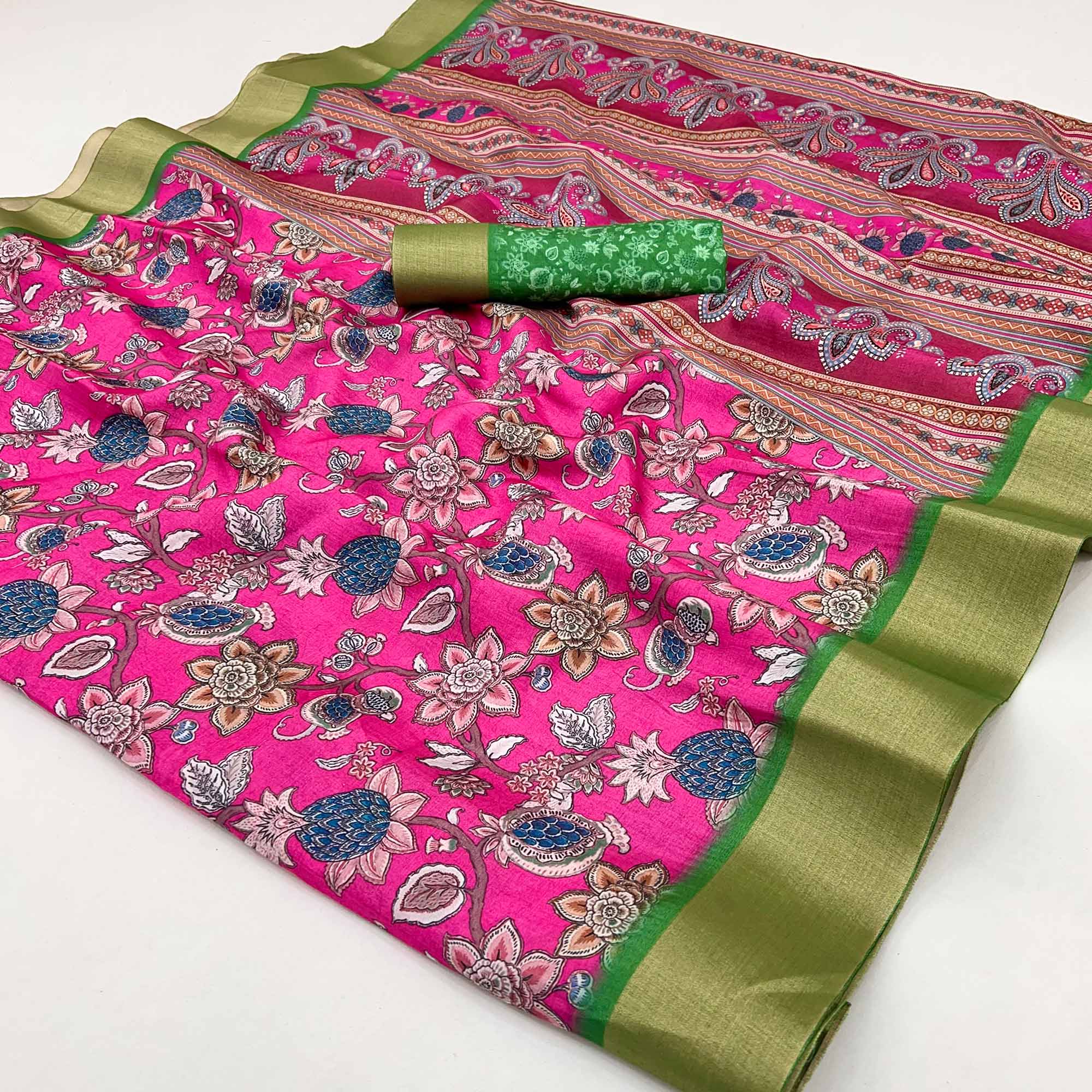 Rani Pink Floral Printed Cotton Silk Saree With Woven Border