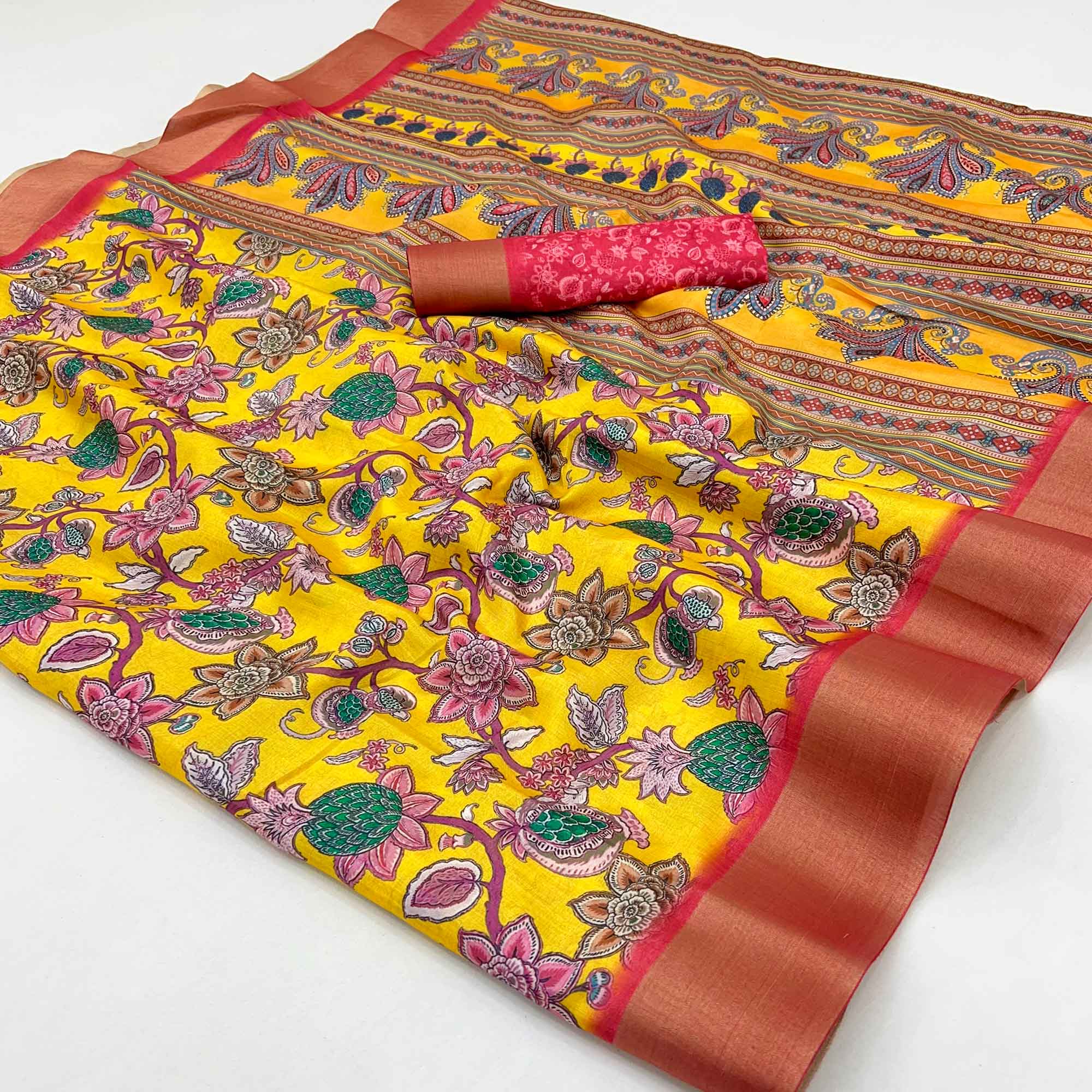 Yellow Floral Printed Cotton Silk Saree With Woven Border