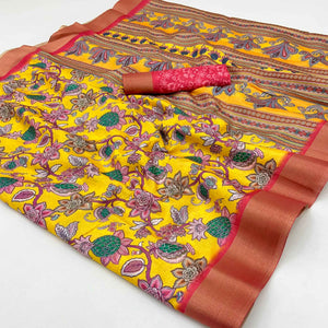 Yellow Floral Printed Cotton Silk Saree With Woven Border