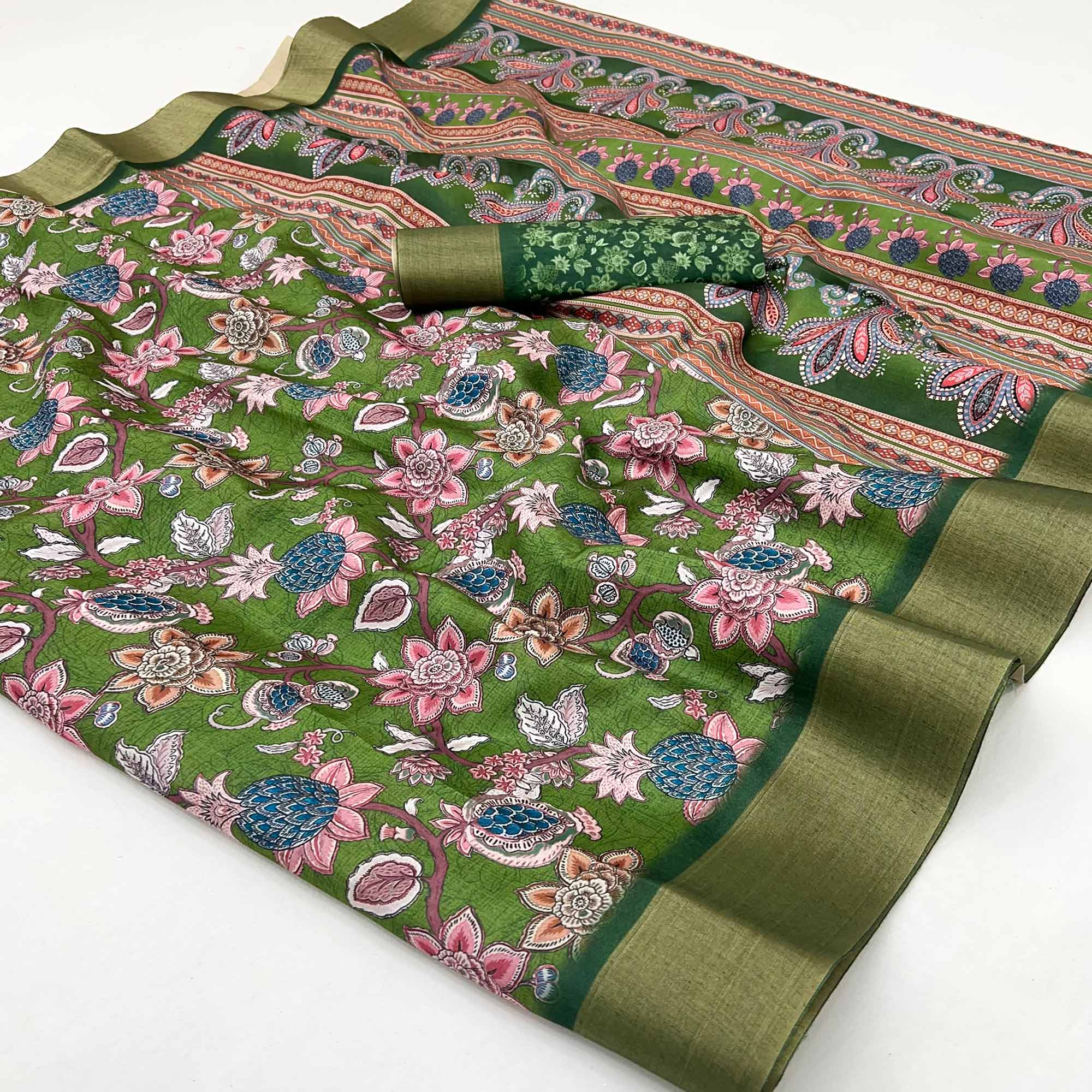 Green Floral Printed Cotton Silk Saree With Woven Border