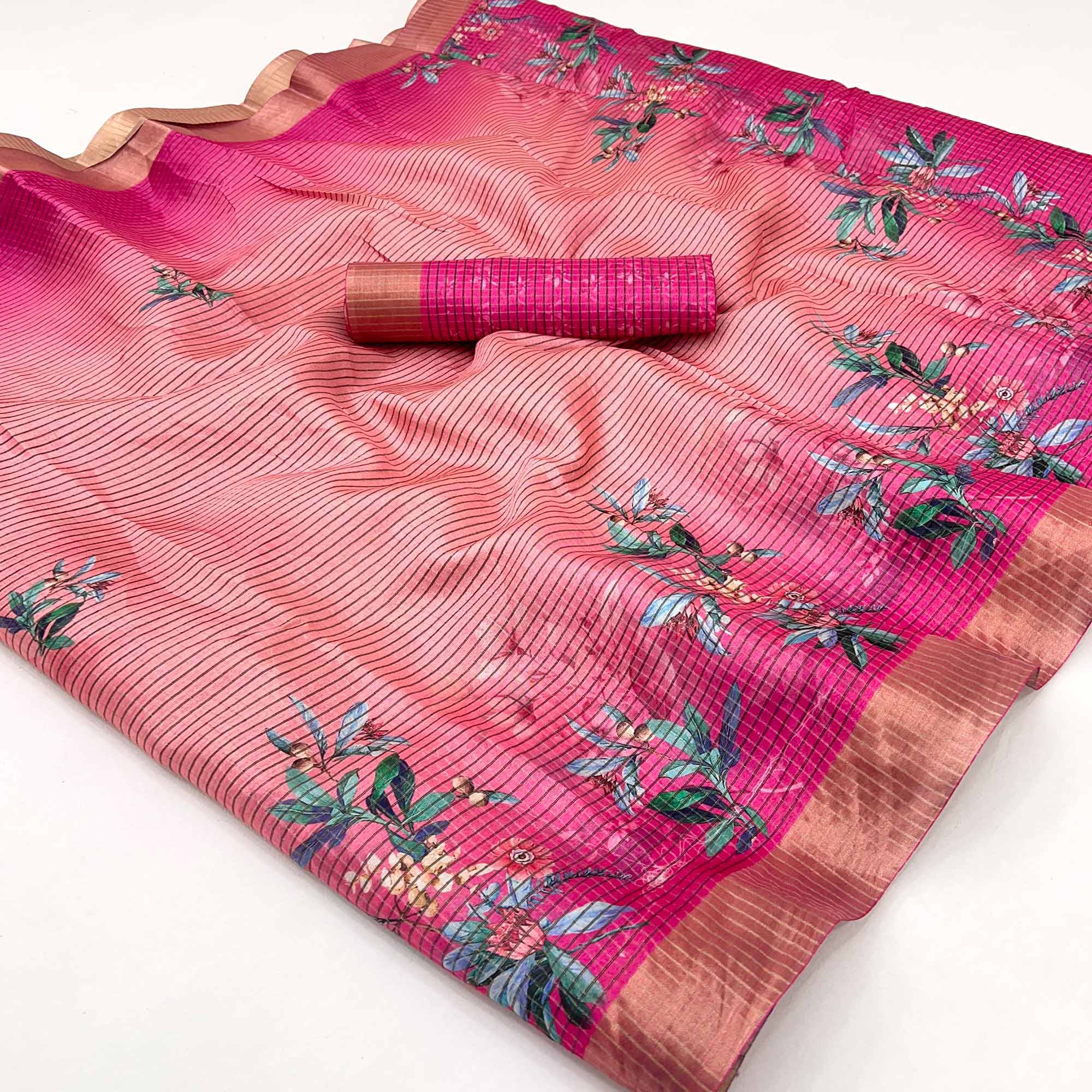 Peach & Pink Striped & Floral Printed Cotton Silk Saree With Woven Border