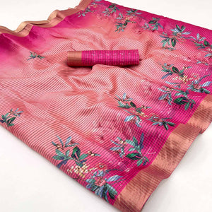 Peach & Pink Striped & Floral Printed Cotton Silk Saree With Woven Border