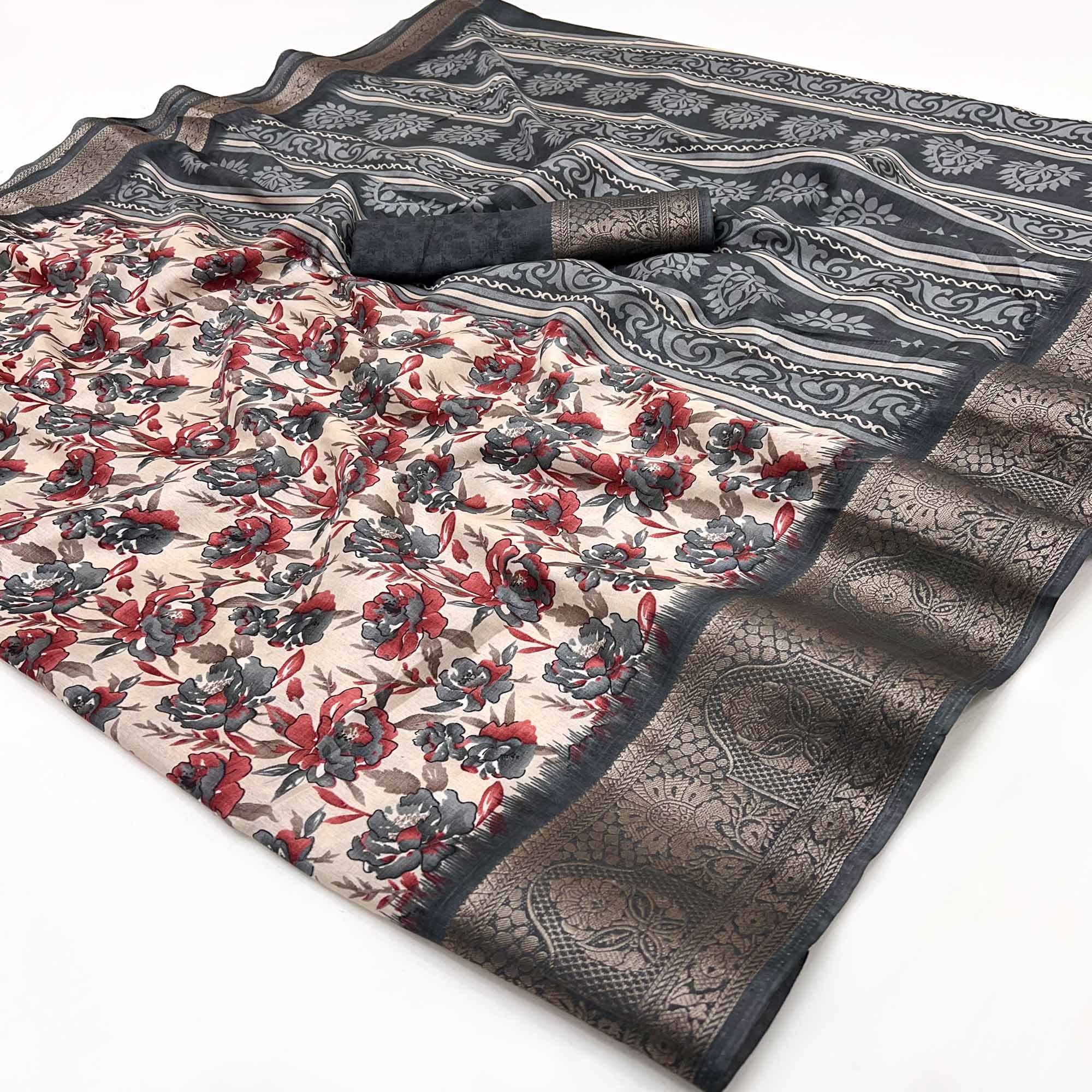 Festive Grey Floral Print Saree in Soft Silk with Contrast Jacquard Edging