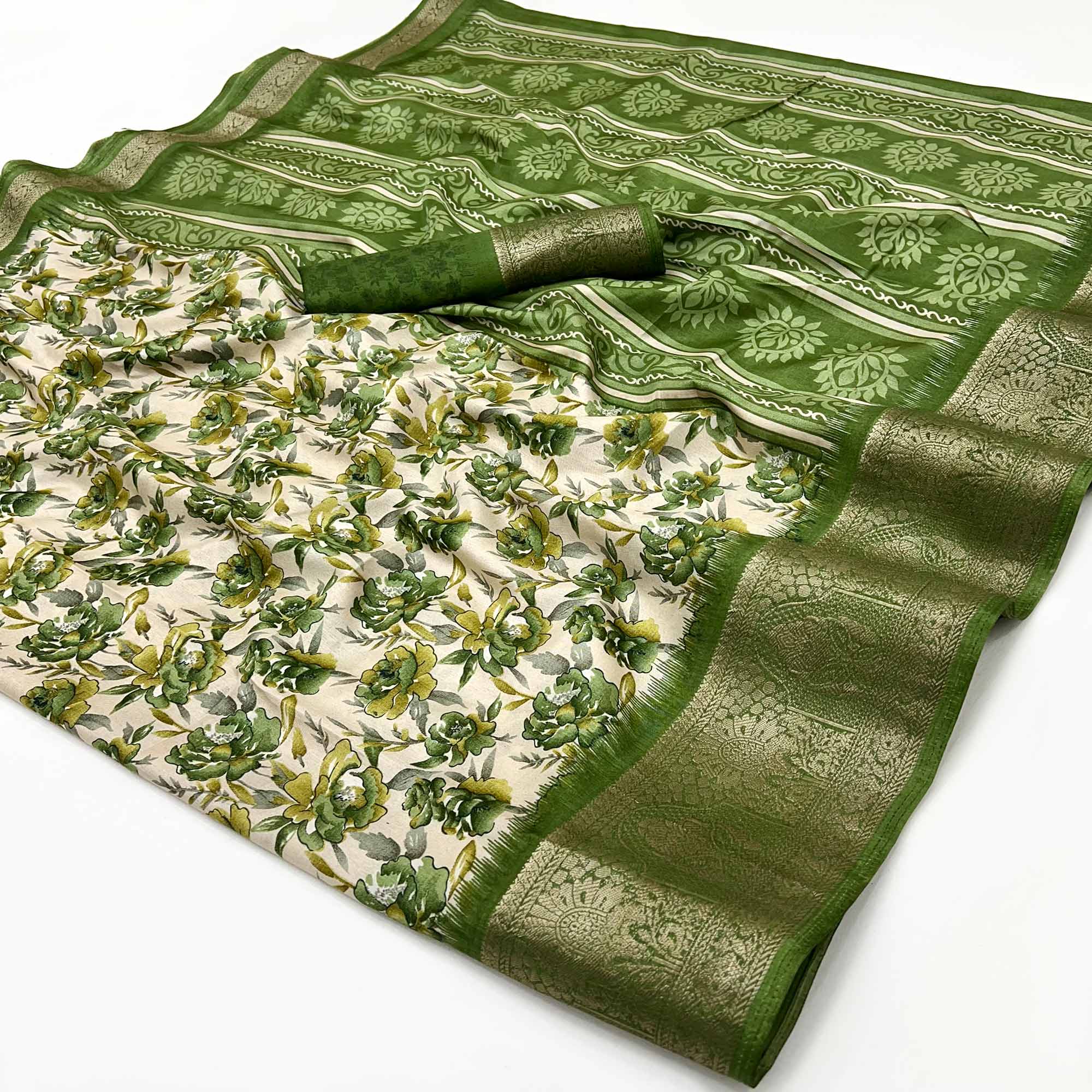 Festive Green Floral Print Saree in Soft Silk with Contrast Jacquard Edging