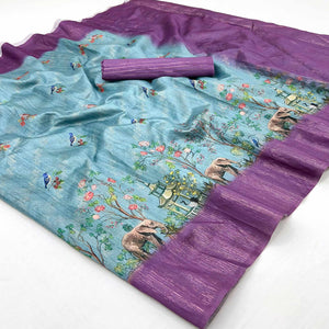 Art-Inspired Sky Blue Digital Print Saree in Soft Cotton Silk