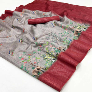 Art-Inspired Grey Digital Print Saree in Soft Cotton Silk