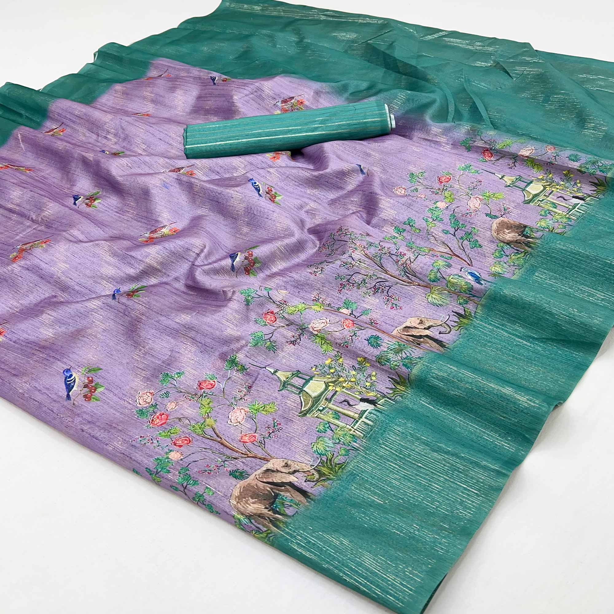 Art-Inspired Lavender Digital Print Saree in Soft Cotton Silk