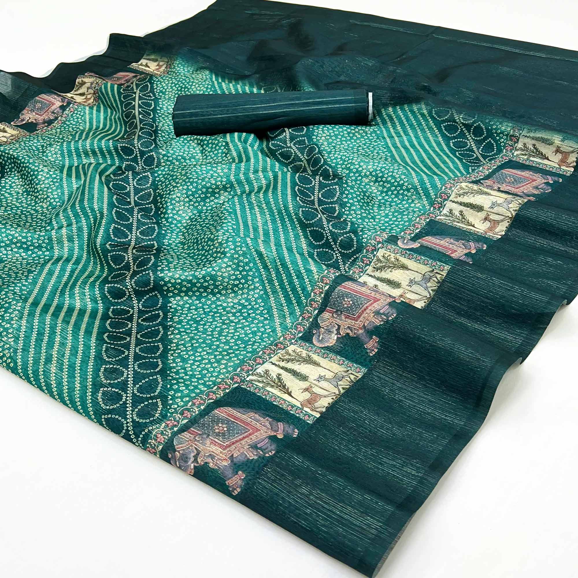 Teal Cotton Silk Saree with Digital Bandhani Print Design & Rich Woven Border