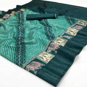 Teal Cotton Silk Saree with Digital Bandhani Print Design & Rich Woven Border