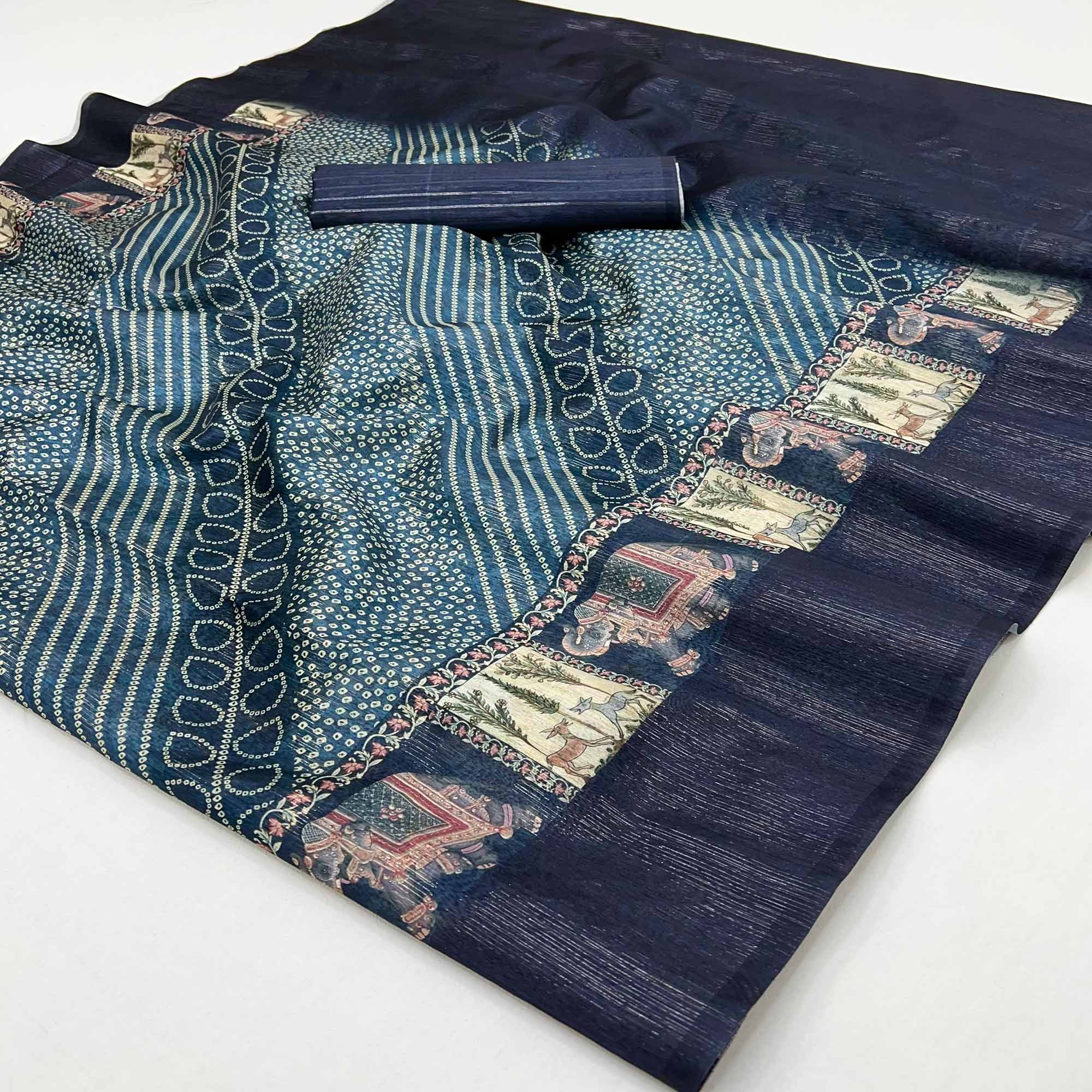 Blue Cotton Silk Saree with Digital Bandhani Print Design & Rich Woven Border