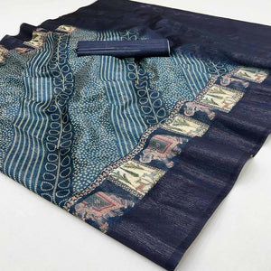 Blue Cotton Silk Saree with Digital Bandhani Print Design & Rich Woven Border